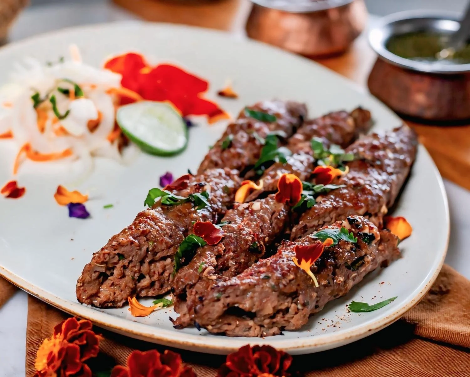 Authentic Lamb Seek grilled in a traditional tandoor and served at Pesona Lounge Ubud.
