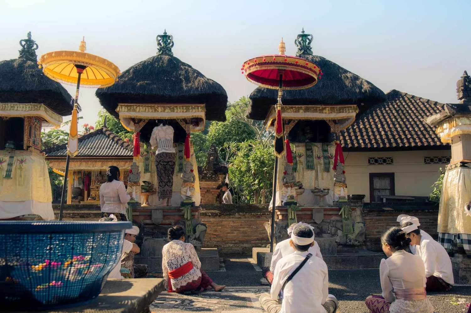Balinese worshippers praying at a temple during the Galungan celebration in Ubud, Bali.