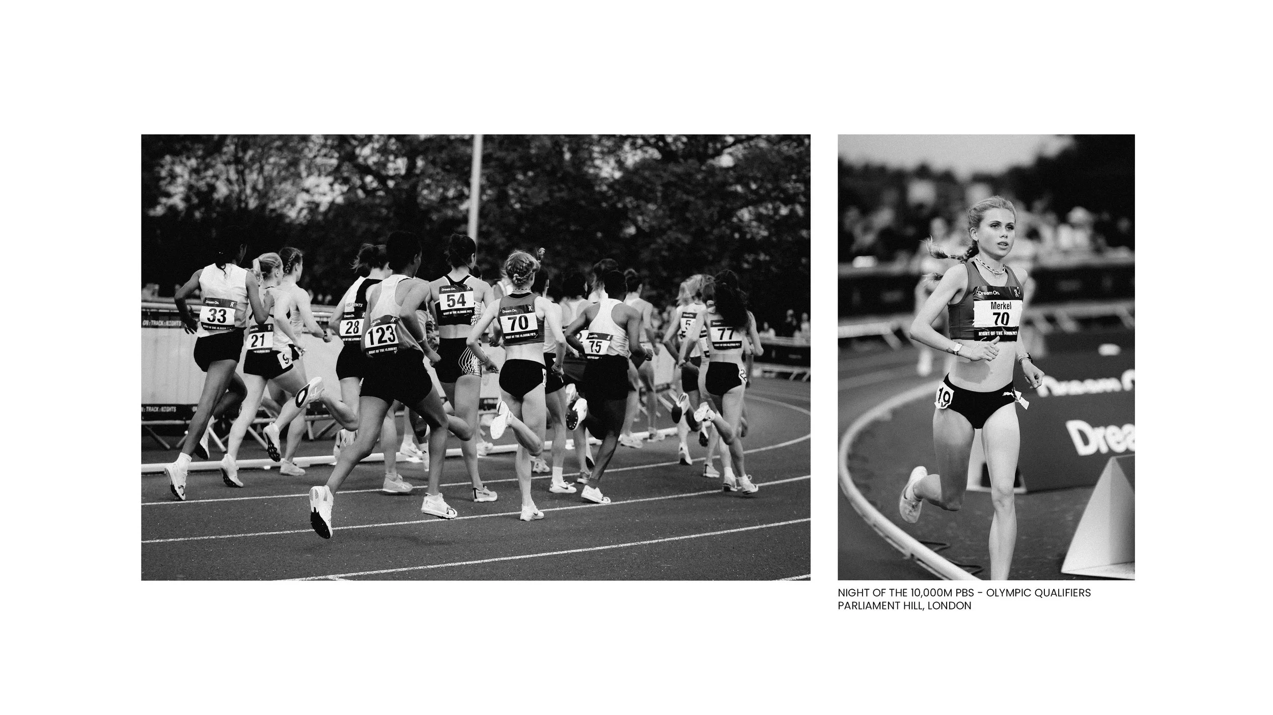 Night of the 10,000m PBs and Paris Olympic qualifiers at Parliament Hill, London, featuring Lisa Merkel racing and a pack of runners competing on the track.