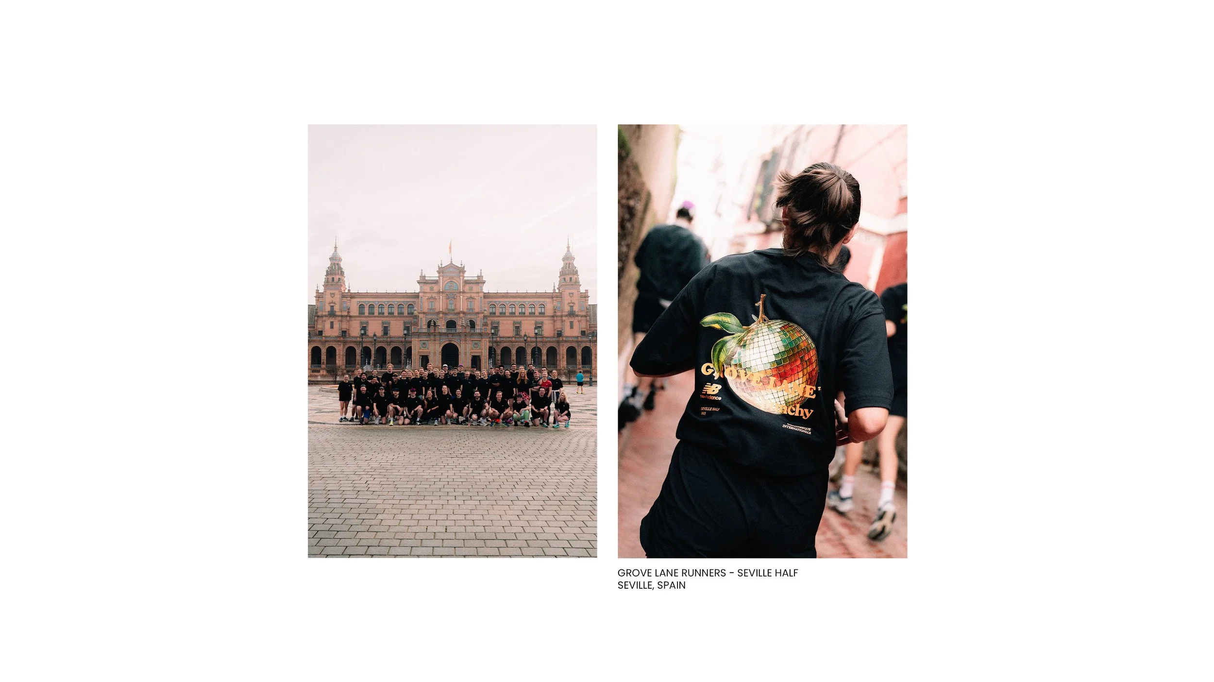 Grove Lane Runners racing the Seville Half Marathon in bespoke orange shirts featuring Punchy Hydration and New Balance branding.