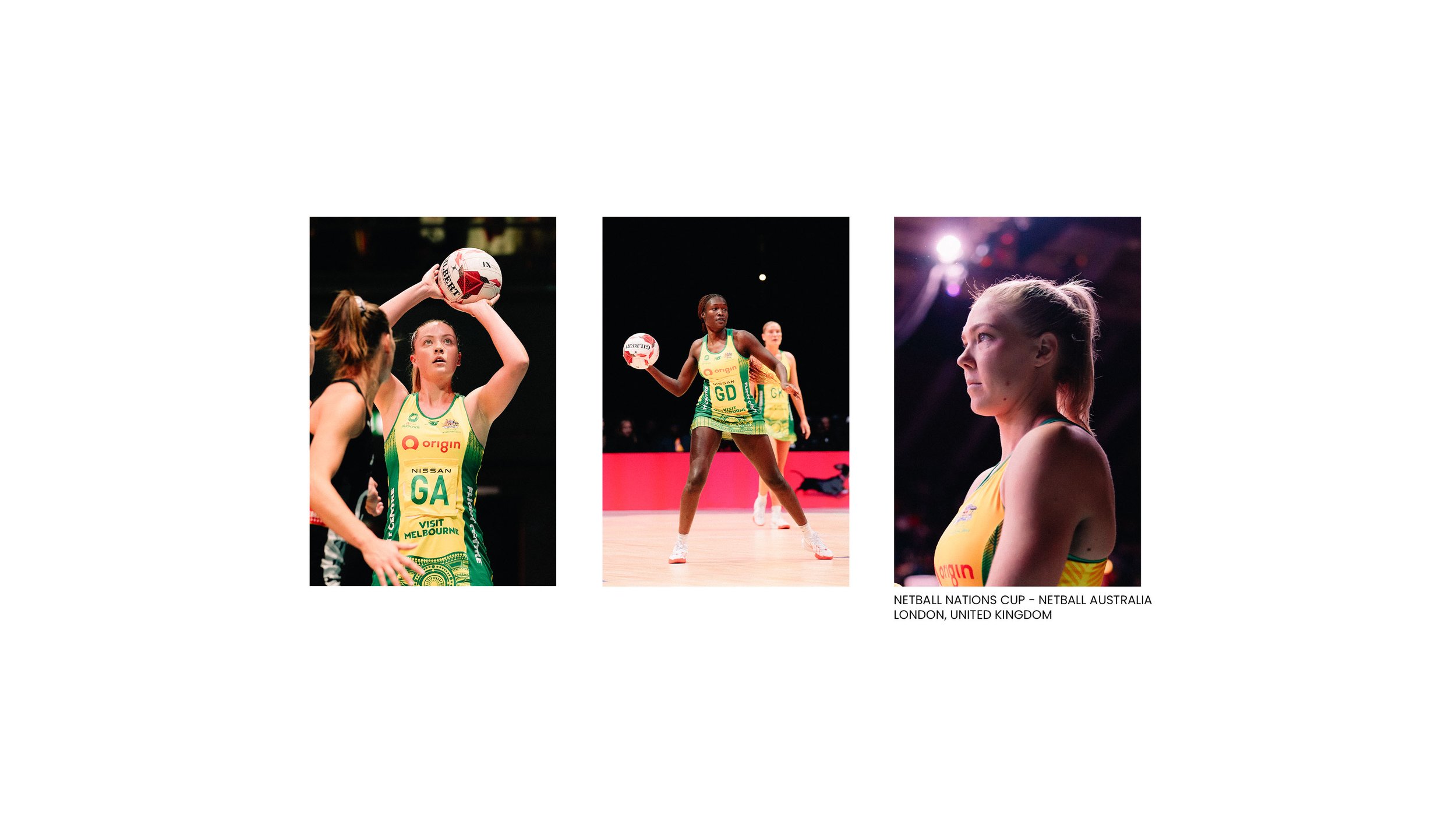 Australian Diamonds Sophie Dwyer, Sunday Aryang and Kate Moloney competing at the Netball Nations Cup in London.