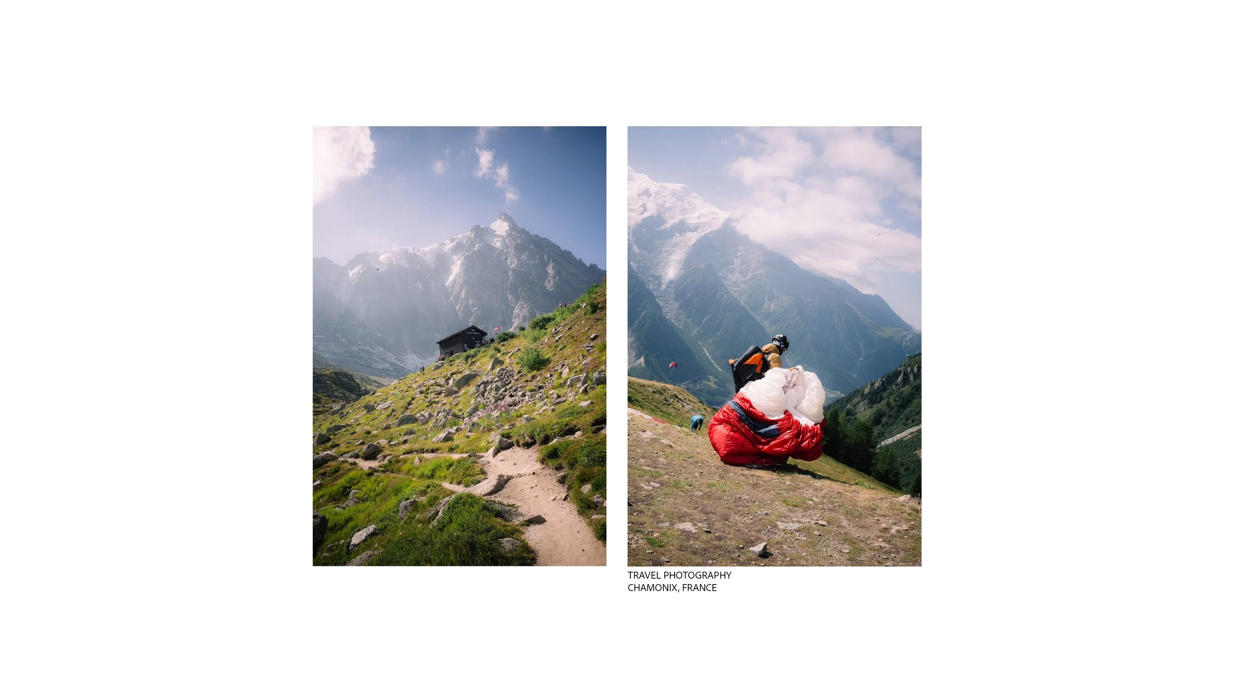 Travel photography in Chamonix, France, featuring the Aiguille du Midi and a paraglider preparing to launch against the Alpine landscape.