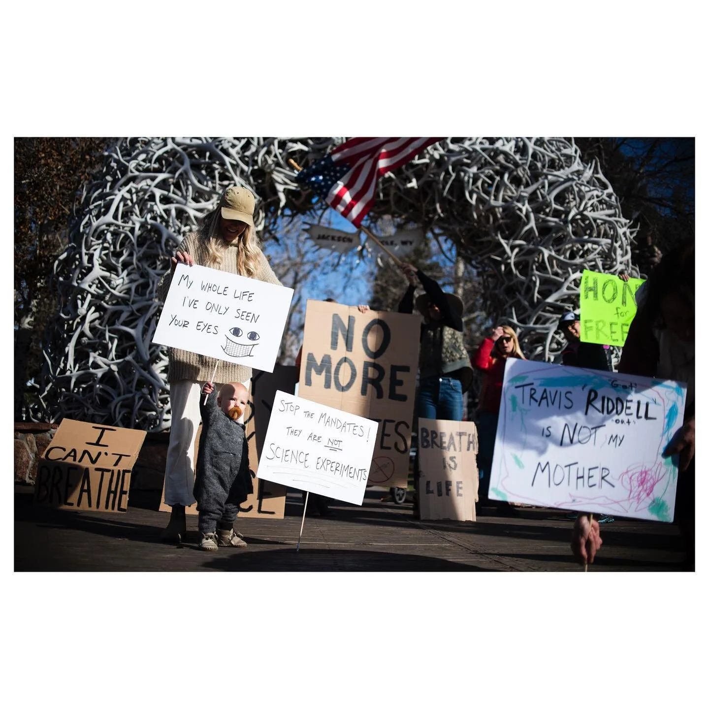 A crowd of about 20 protesters gathered at Town Square to protest the mask mandates in Teton County on Wednesday, Nov. 3, in Jackson, Wyo for @jhnewsandguide
