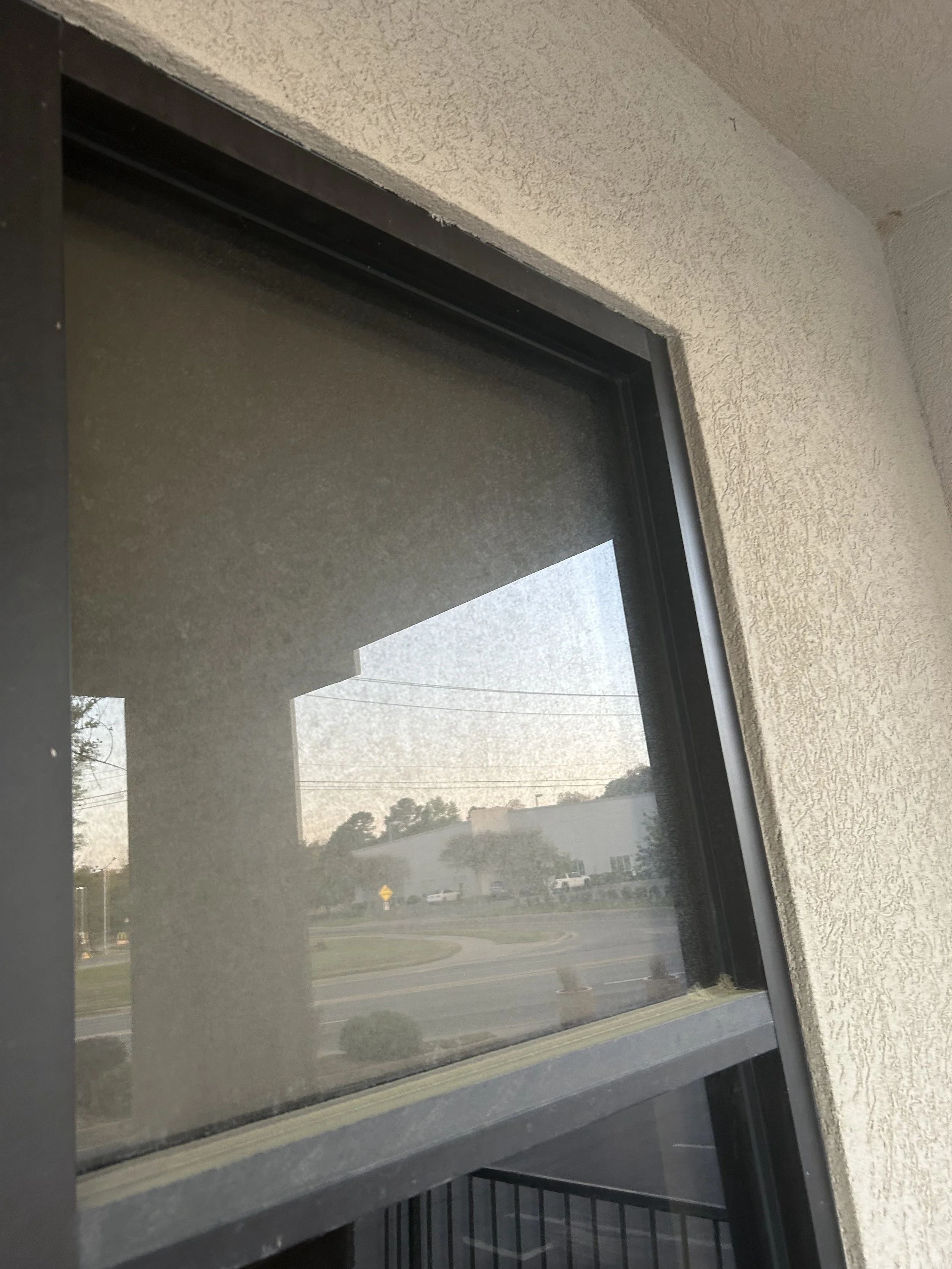 The photo is taken through a window with a black frame, showing a blurry outdoor scene with trees, cars, and a street during daylight.