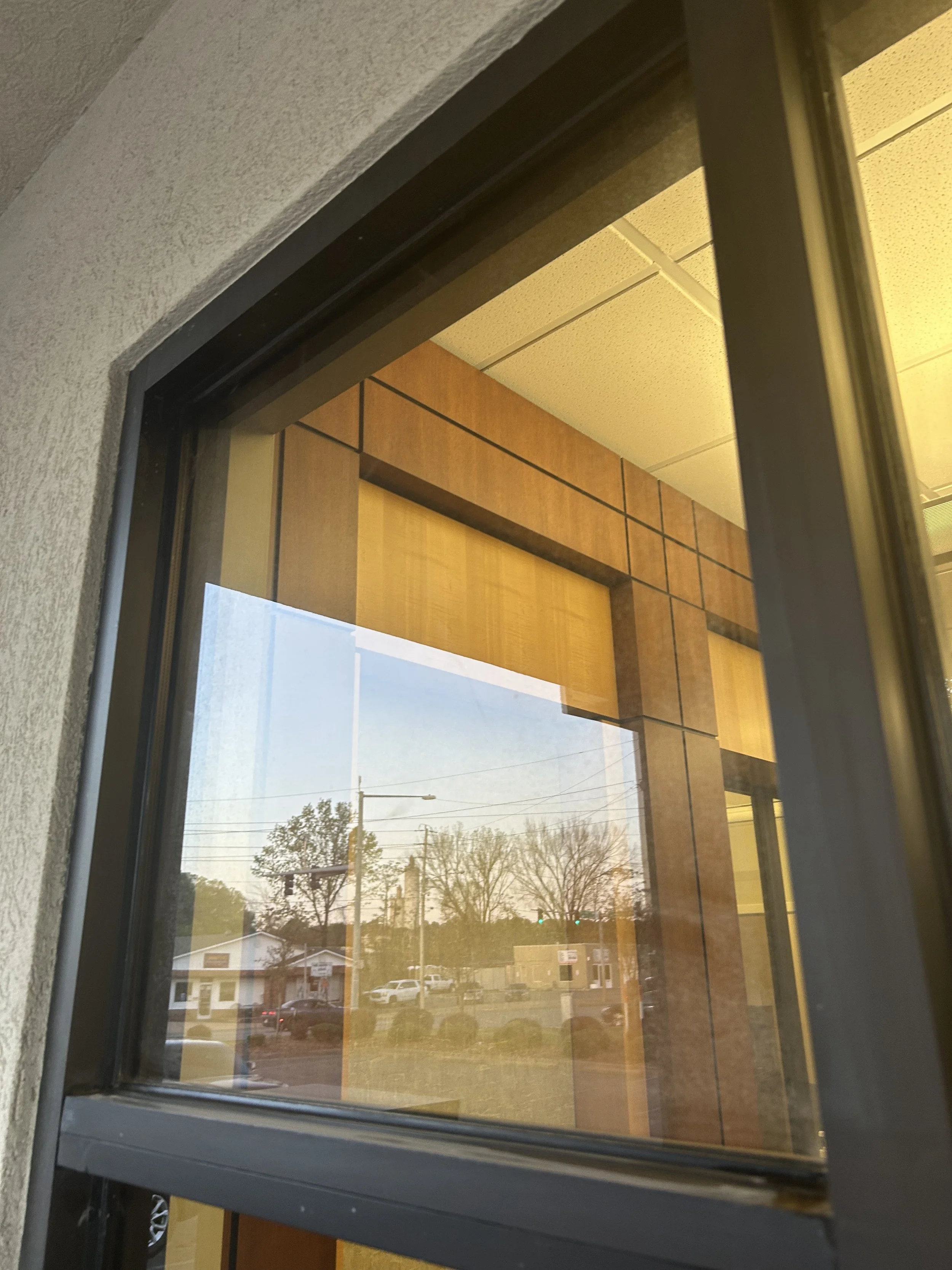 Exterior view through a window showing trees, cars, power lines, and a street scene.