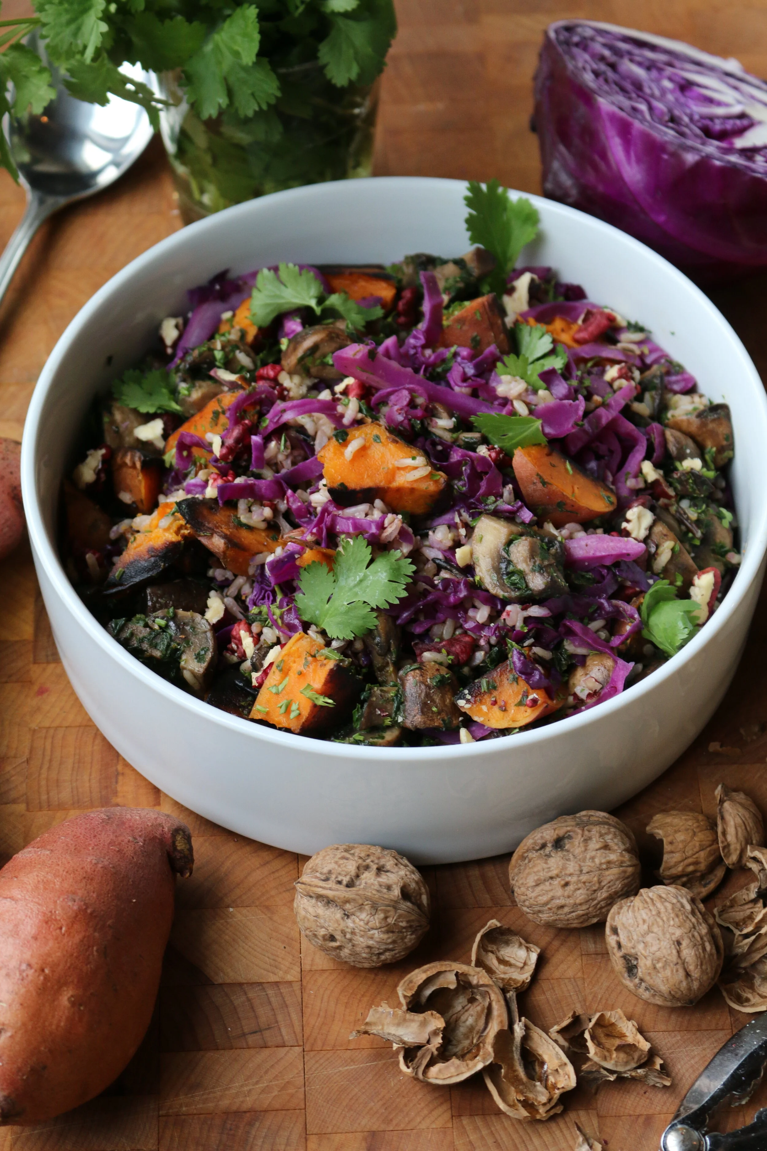 Wild Rice with Braised Cabbage, Roasted Sweet Potato and Herb Mushrooms
