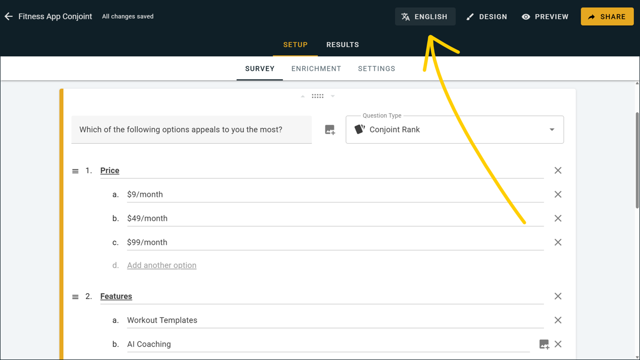 Language menu on OpinionX surveys - UI Guide