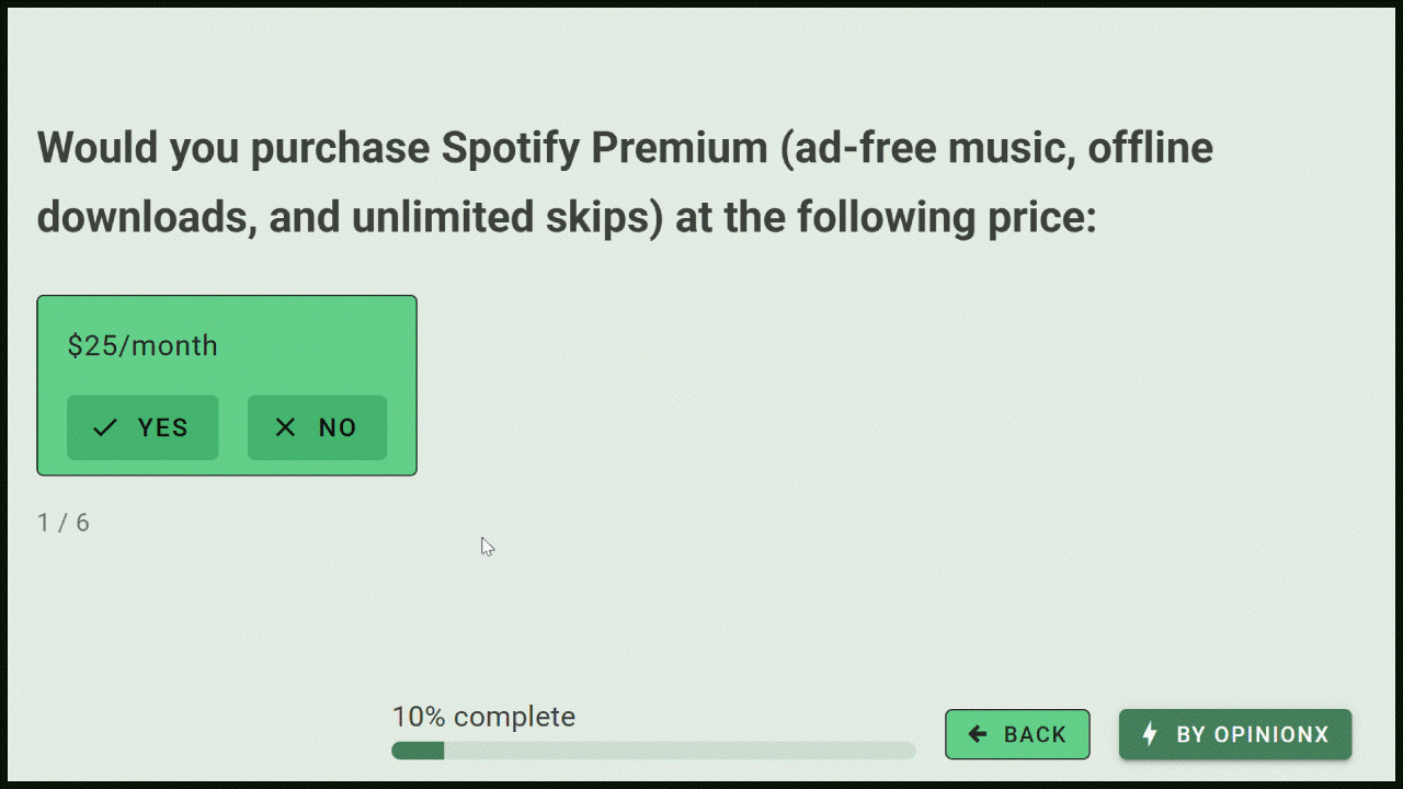 Example of a participant voting on a Gabor Granger survey hosted on OpinionX