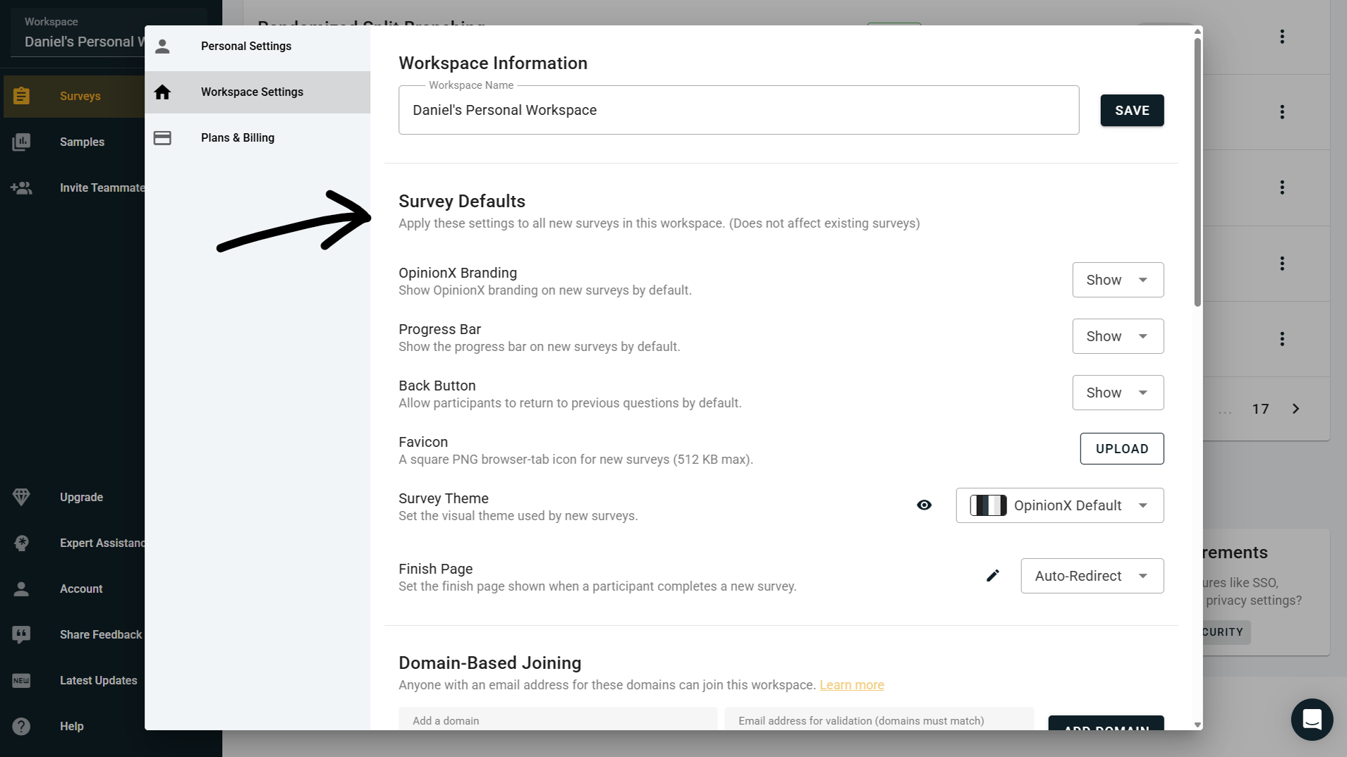 Screenshot from the Workspace Settings tab on OpinionX showing the new Survey Defaults section where you can customize the branding of surveys in your workspace