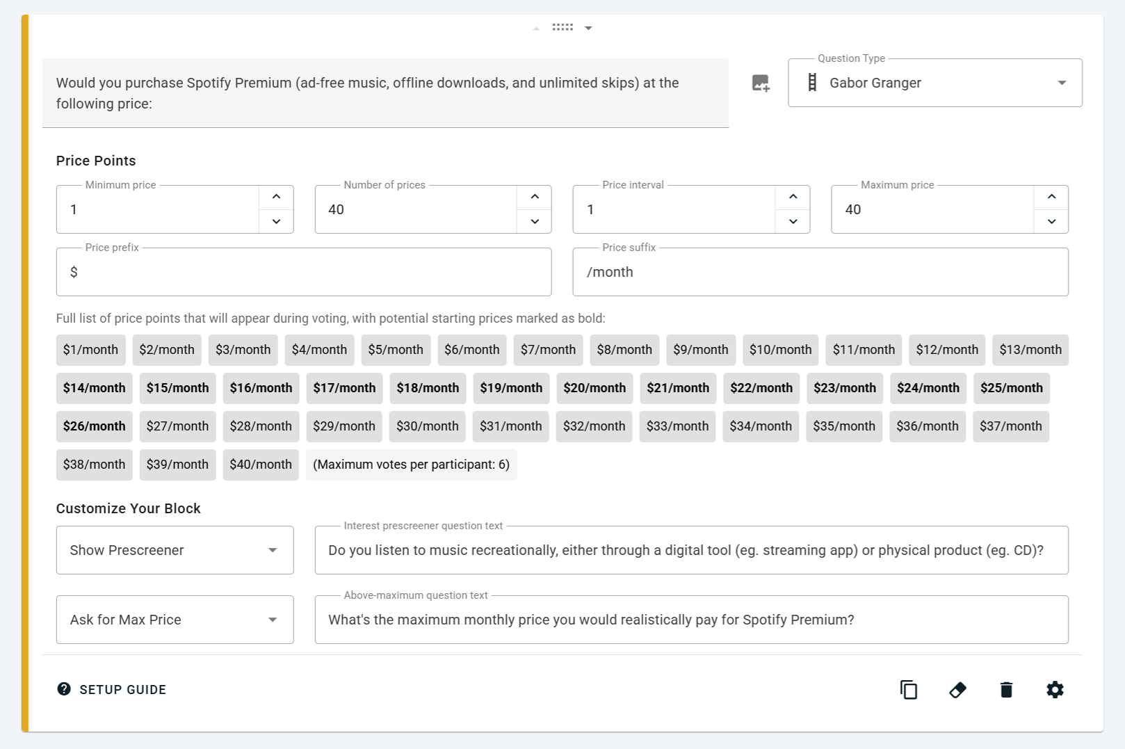 Screenshot of the Gabor Granger survey setup view on OpinionX, showing the editable question text, price ladder configuration, and other editing options all in one simple card