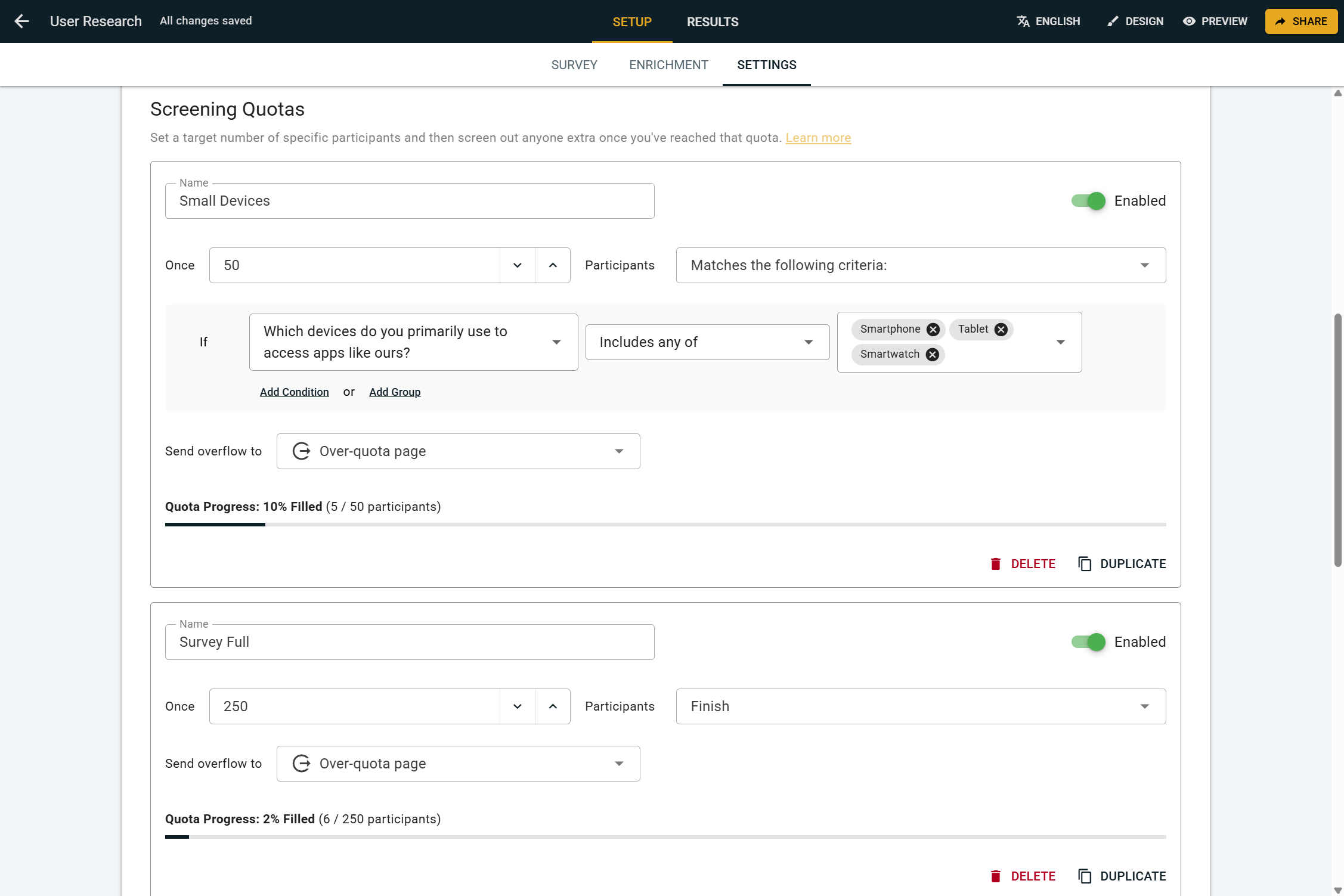 Quota Management Screenshot - OpinionX Settings Tab