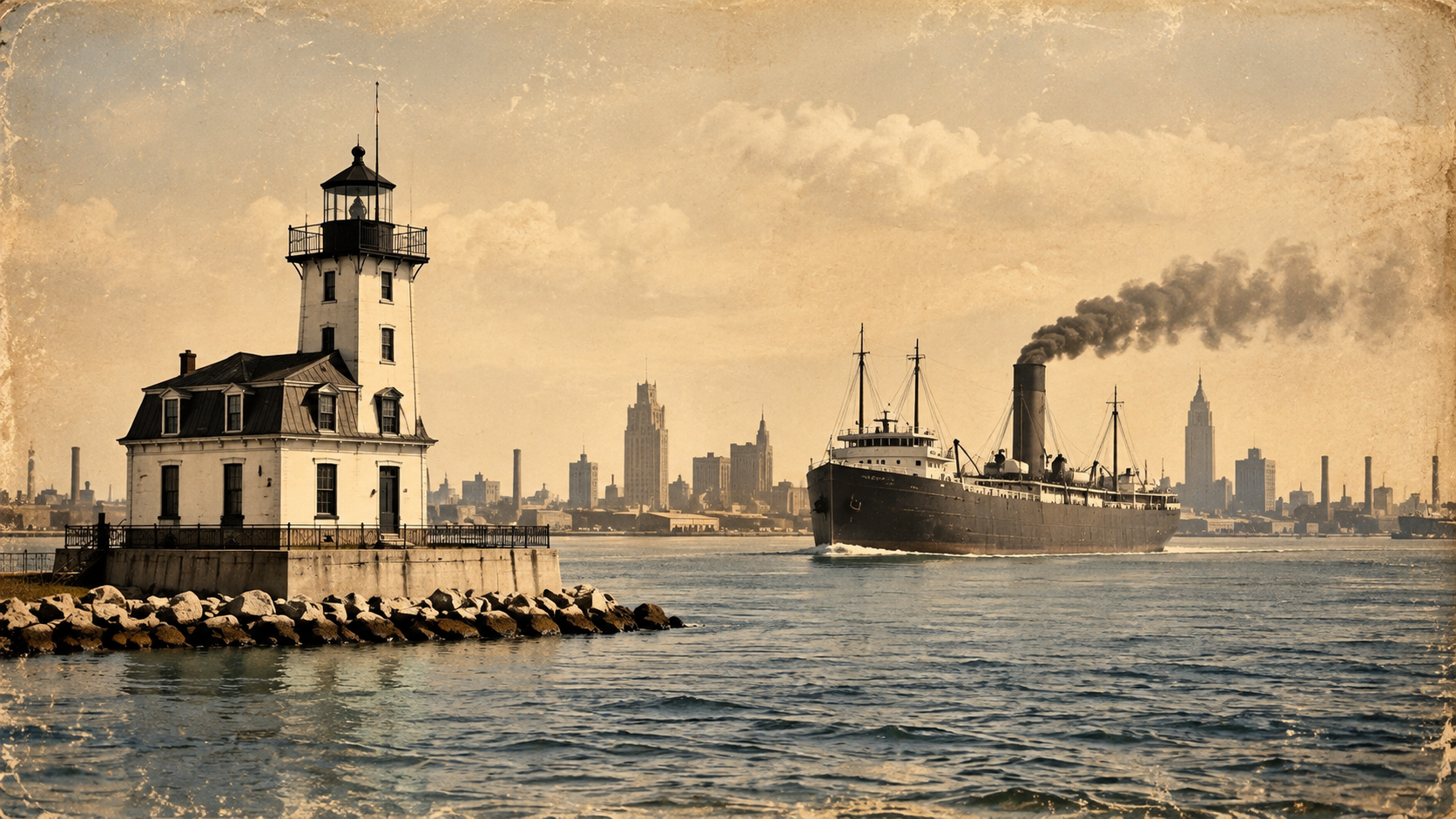 AI-generated vintage-style illustration of a Great Lakes lighthouse and steam freighter, representing Michigan maritime history and Great Lakes education.