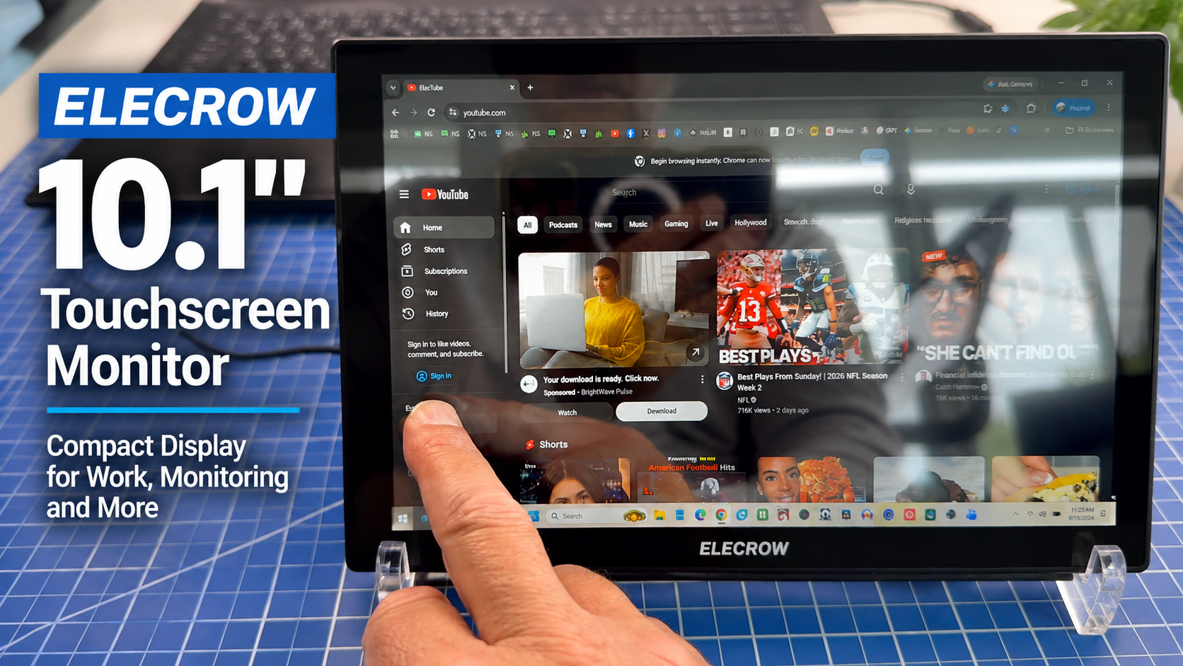 ELECROW 10.1-inch touchscreen monitor tested with a Windows 11 laptop.