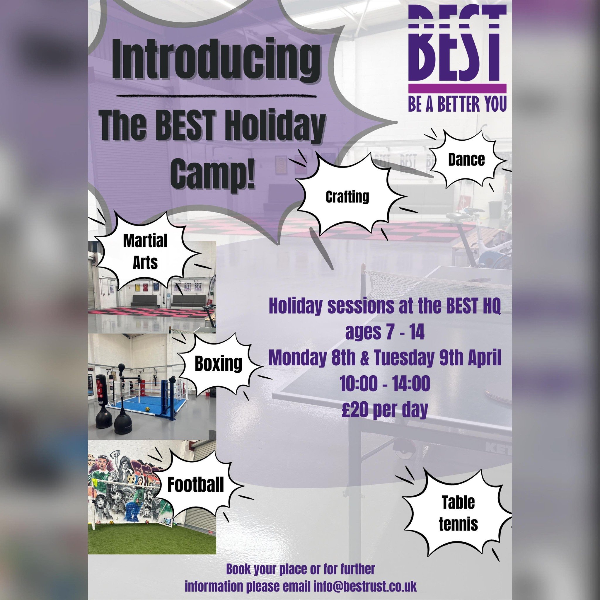 💜💥INTRODUCING THE BEST HOLIDAY CAMP💥💜
BEST are thrilled to announce our in house holiday camp based at our HQ at Athena Avenue for children aged 7 - 14. 

 We will be running over 2 days in the easter holidays, on Monday 8th &amp; Tuesday 9th Apr