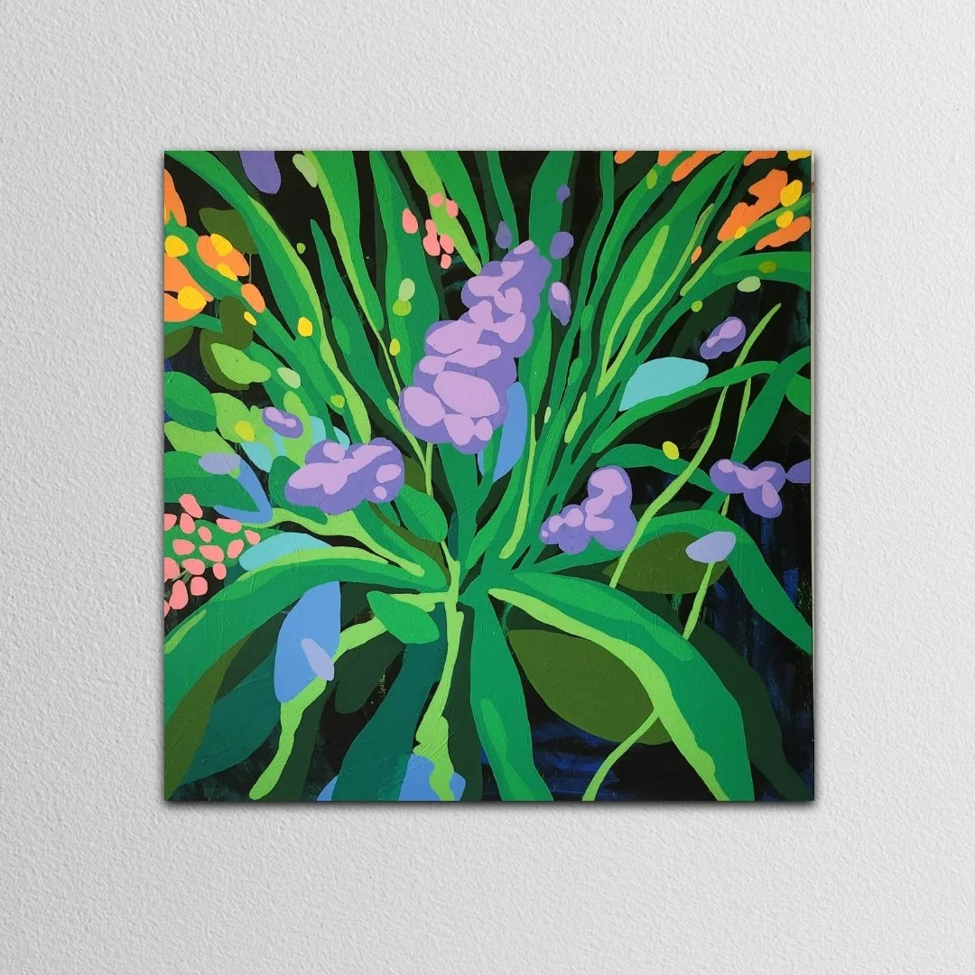 Abstract painting of purple lavender flowers and green foliage with bright accents on a black background.