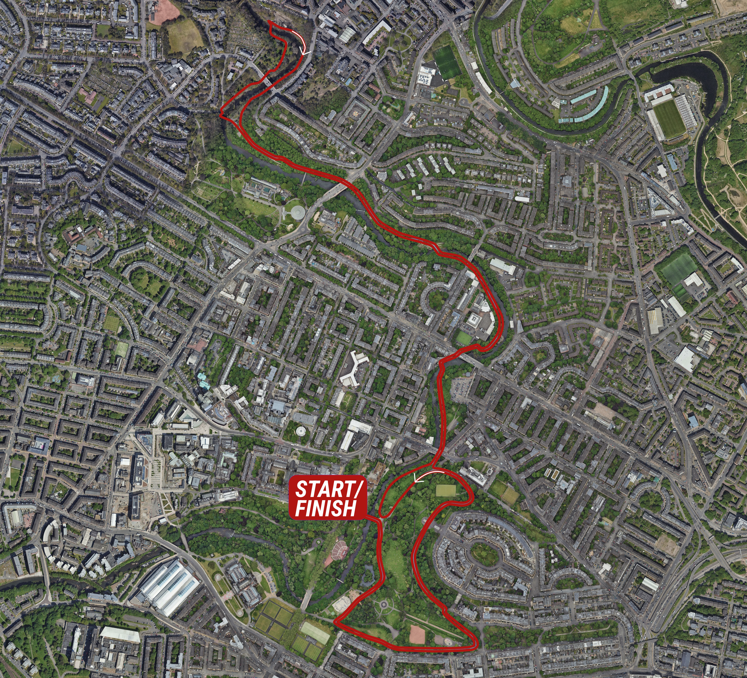 A satellite image of Kelvingrove Park highlighting the OUTrun Route