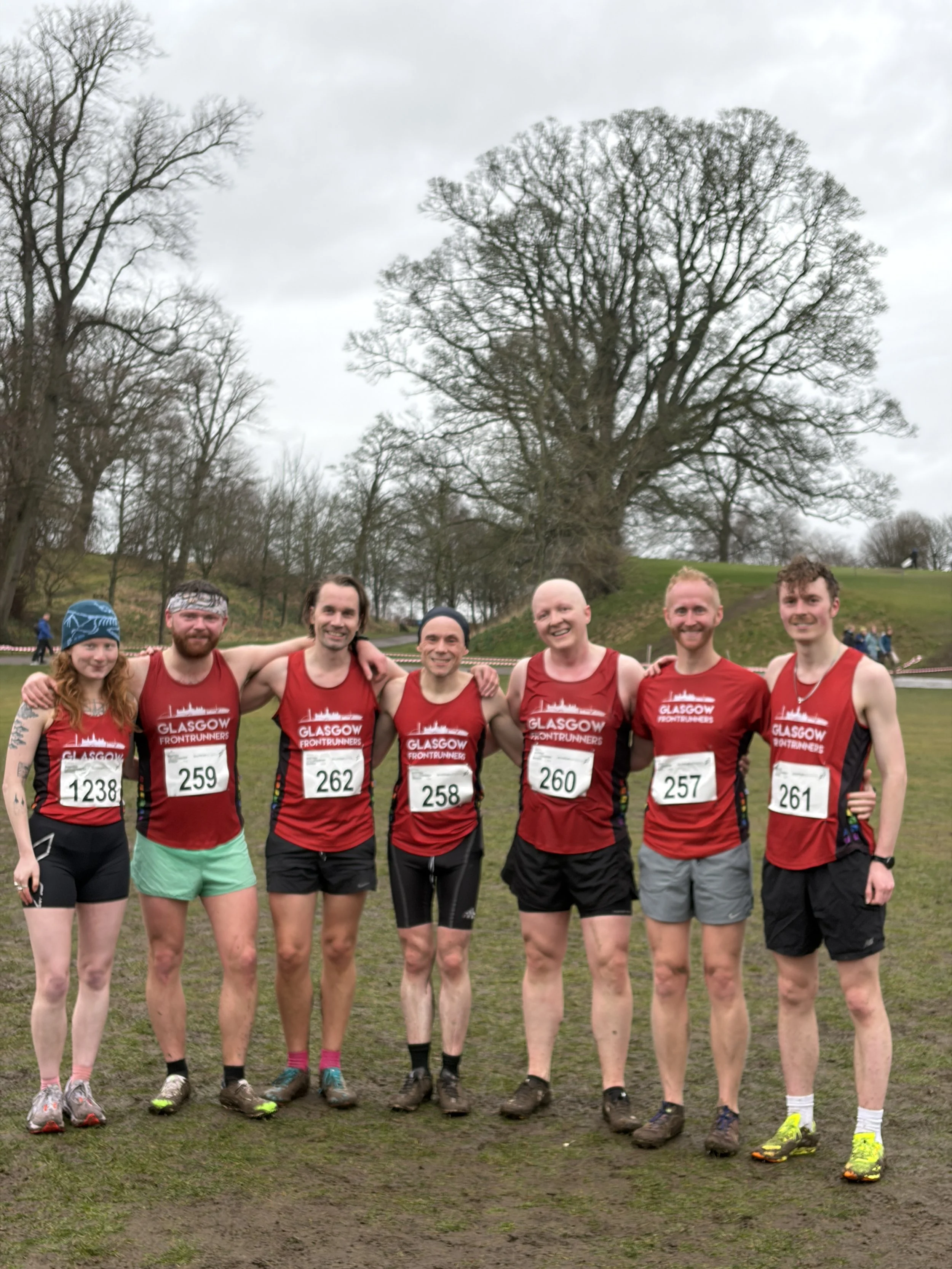 An image of Glasgow FrontRunner members at the National Cross Country Championships in Falkirk