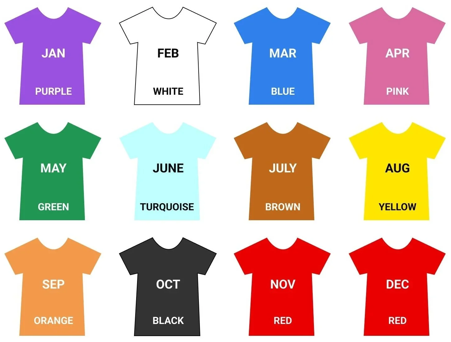 The Rainbow Relay Colour Guide. Jan - Purple, Feb - White, March - Blue, April - Pink, May - Green, June - turquoise, July - brown, August -yellow, September - Orange, October - Black, November and December - Red