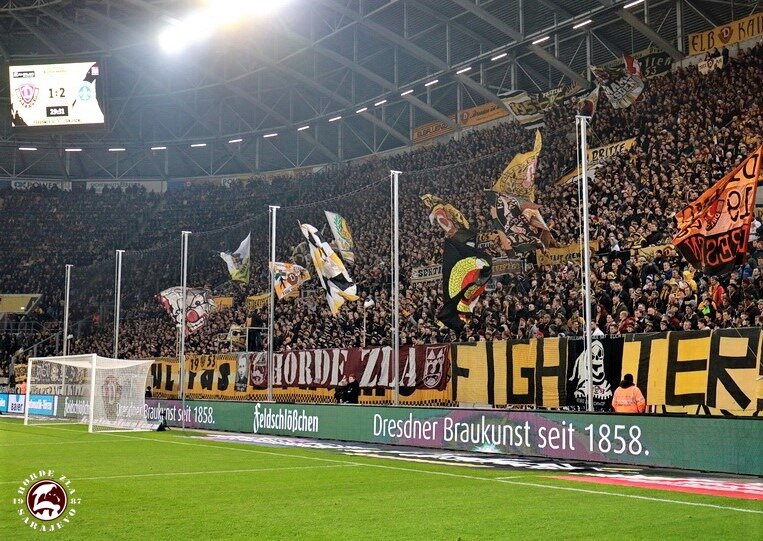 A Horde Zla banner clearly visible in the home end during a Dynamo Dresden game at the Rudolf Harbig Stadion |    Photo Credit