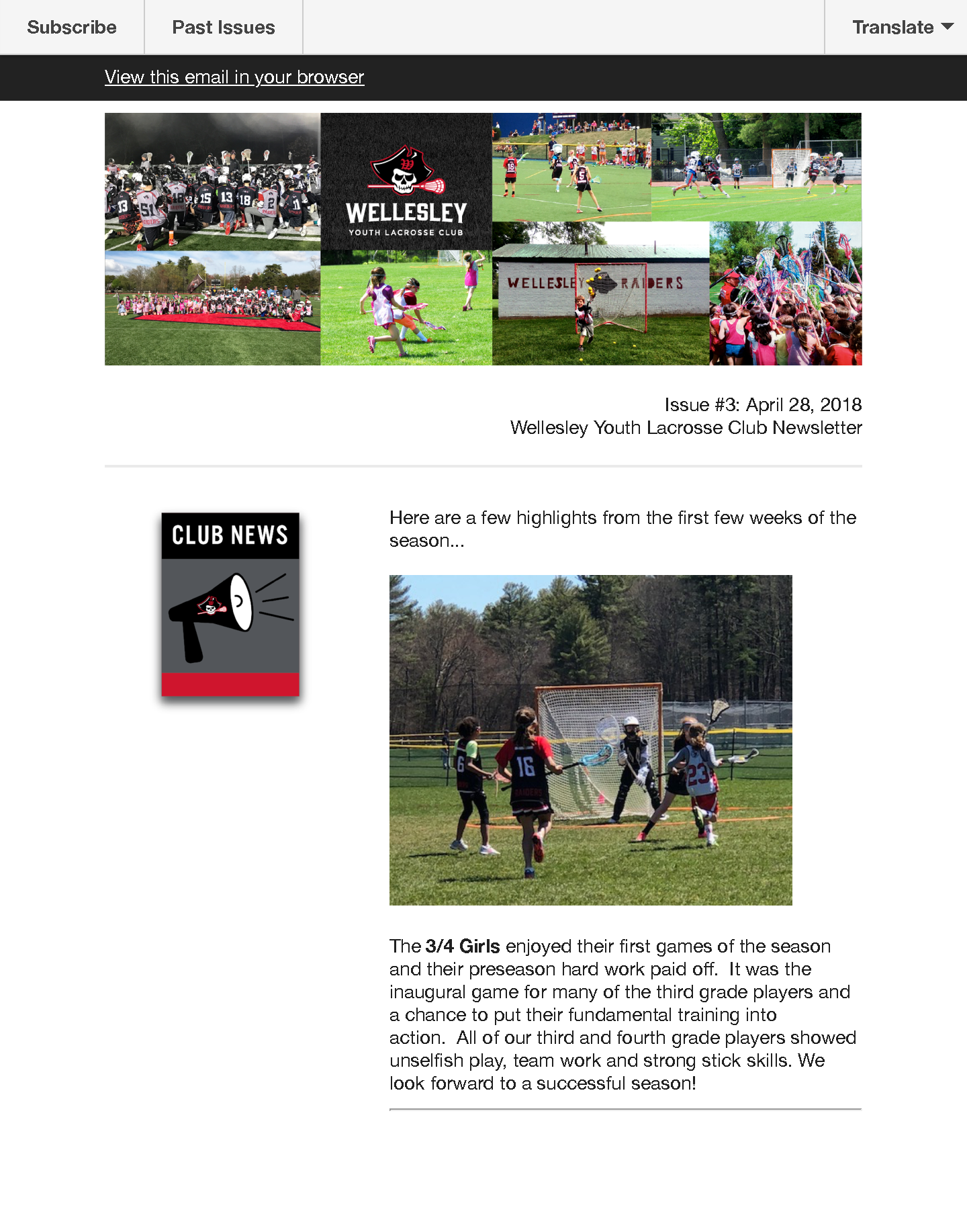 Wellesley Youth Lacrosse Email – Weekly communication sent via Mailchimp