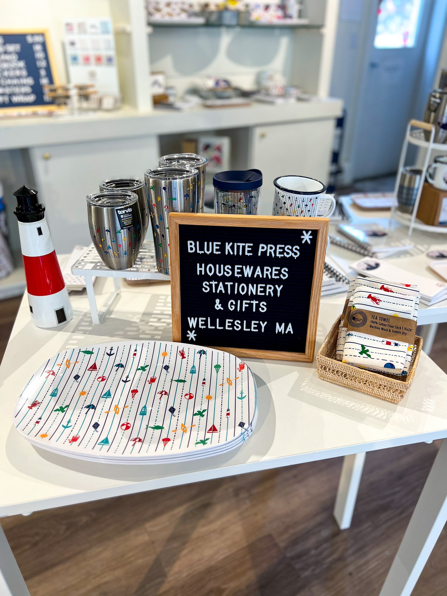 Blue Kite Press retail pop up, Central Street, Wellesley 2023 – Featured as one of four brands in a seasonal retail installation.