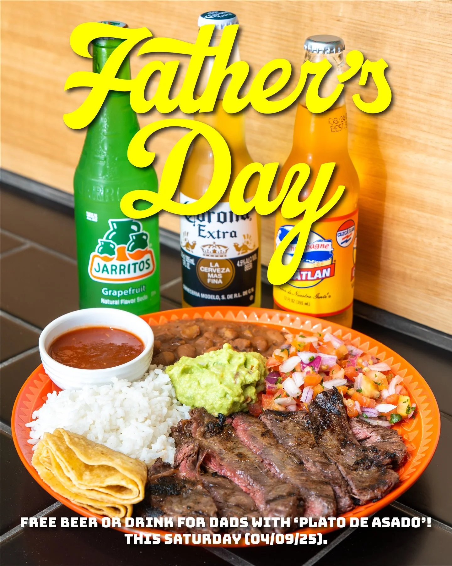 Cheers to Papa 🍺 Free beer or drink for fathers with our Plato de Asado!

Celebrate with our Plato de Asado 🌟 sliced carne asada (steak) 🥩, rice, refried beans, pico de gallo, guacamole 🥑, salsa and warm tortillas. It&rsquo;s the plate every Lati