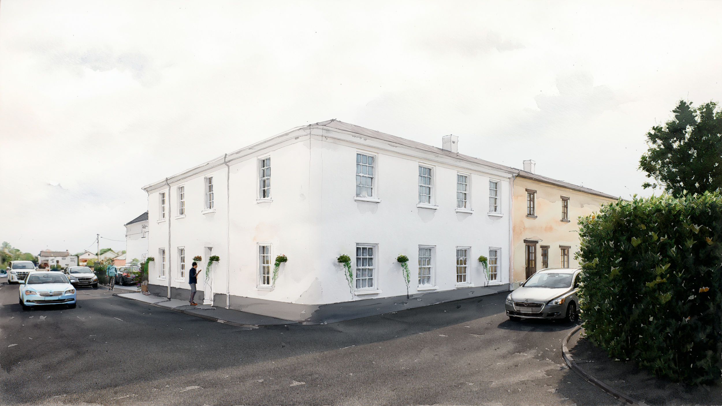New Corner infill project - Devon. A modest residential development comprising two 2-bedroom flats and two 1- bedroom flats, together with associated amenity space, car parking, cycle storage, refuse storage, landscaping and enhancements to the exist