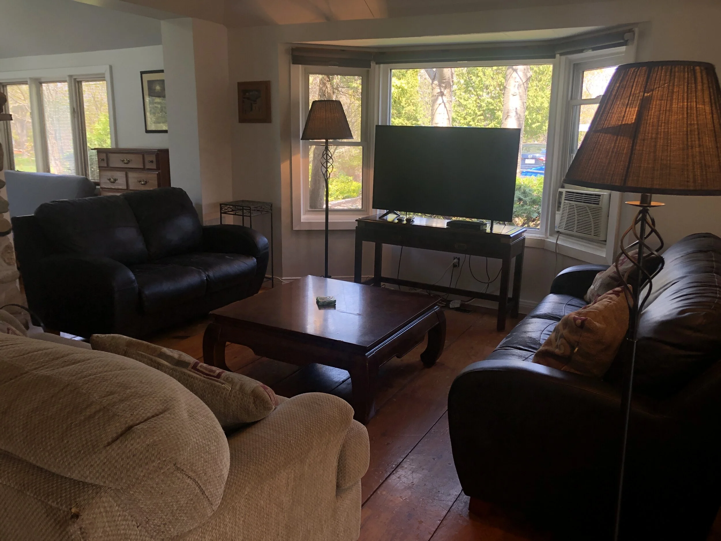 Living room with wood-burning fireplace &amp; tv (Copy)