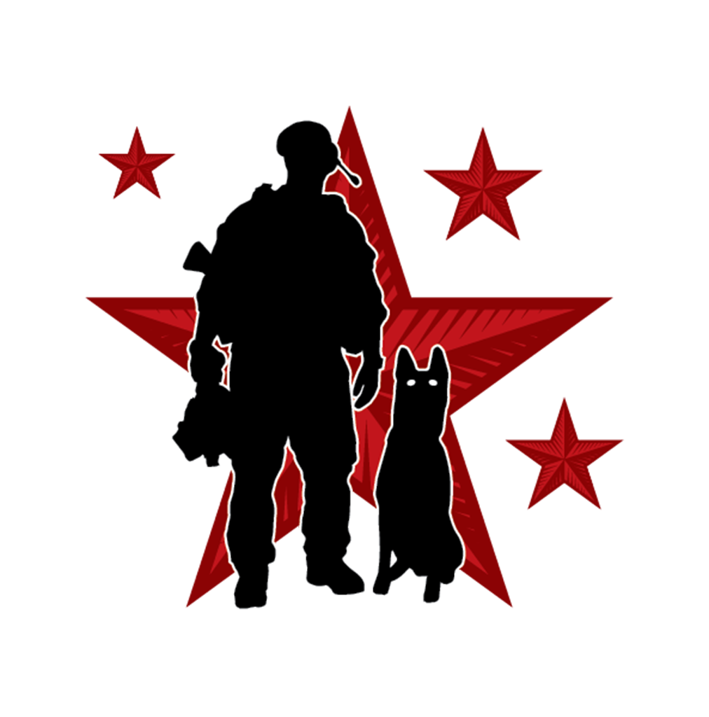 Silhouette of a soldier with a dog against a red background with star patterns