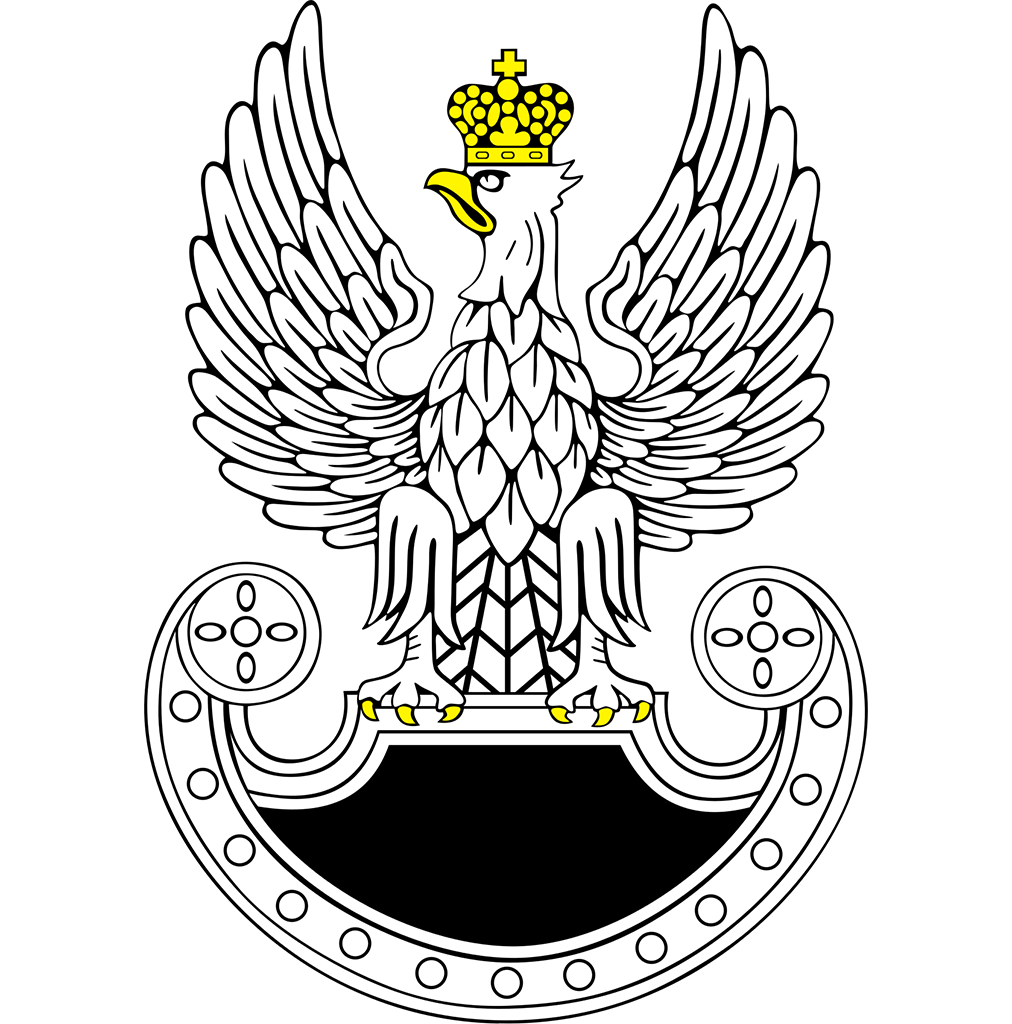 A coat of arms featuring a white eagle with outstretched wings, wearing a yellow crown, on a black background with a white or silver decorative element below.