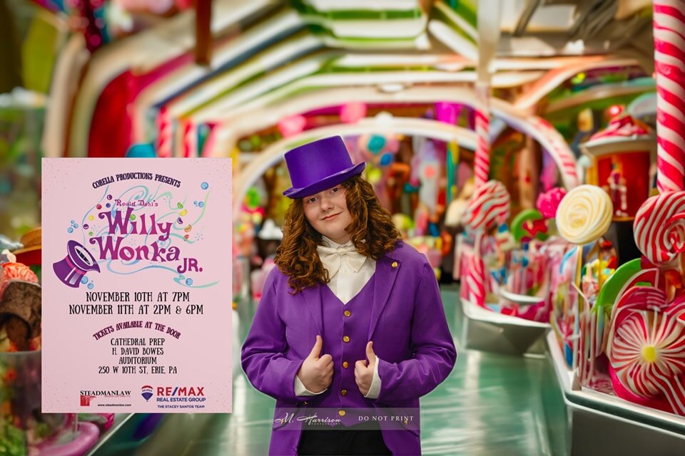 This week! Willy Wonka, Jr., presented by Corella Productions Children's Theatre Academy. 

November 10, 2023  7pm
November 11, 2023  2pm/6pm

Cathedral Prep H. David Bowes Auditorium
250 W. 10th Street, Erie

Tickets available at the door!

@cprambl