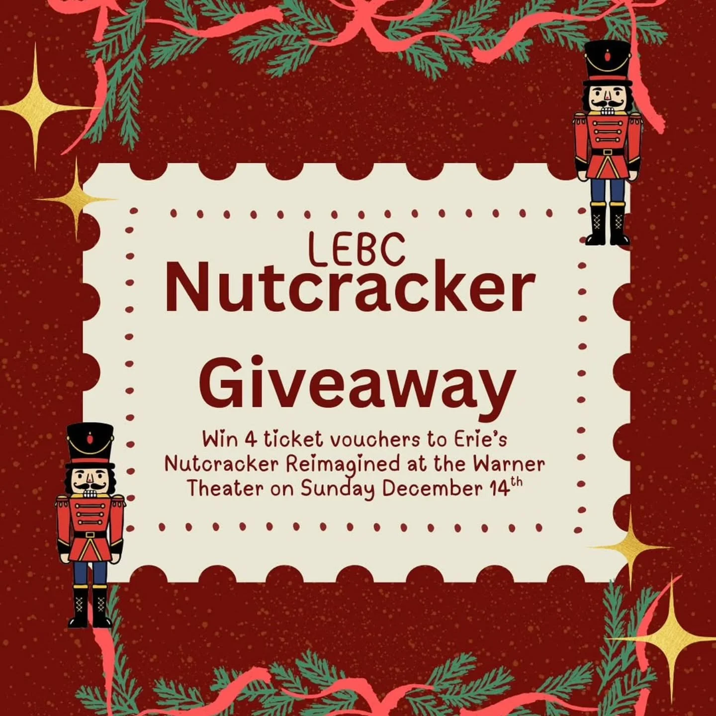 @lakeerieballetco 🎄Nutcracker Ticket Giveaway🎄
Lake Erie Ballet Co is giving away a 4-pack of ticket vouchers to see Erie&rsquo;s Nutcracker Reimagined at the Warner Theatre on Dec. 14th.🎟️
HOW TO ENTER:
✨Make sure you&rsquo;re following us!
✨Shar