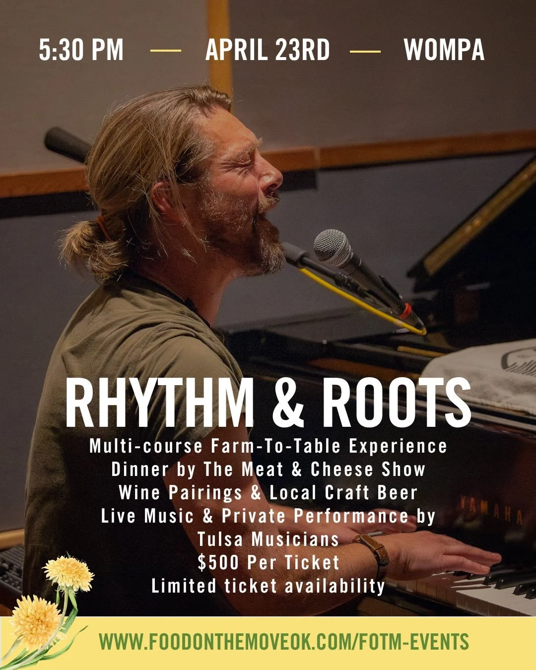There is still time to grab your seat for Rhythm &amp; Roots on April 23rd at WOMPA! 

Join us for a locally sourced multi-course dinner, curated wine pairings, and live performances from local musicians. 

The night will close with a special perform