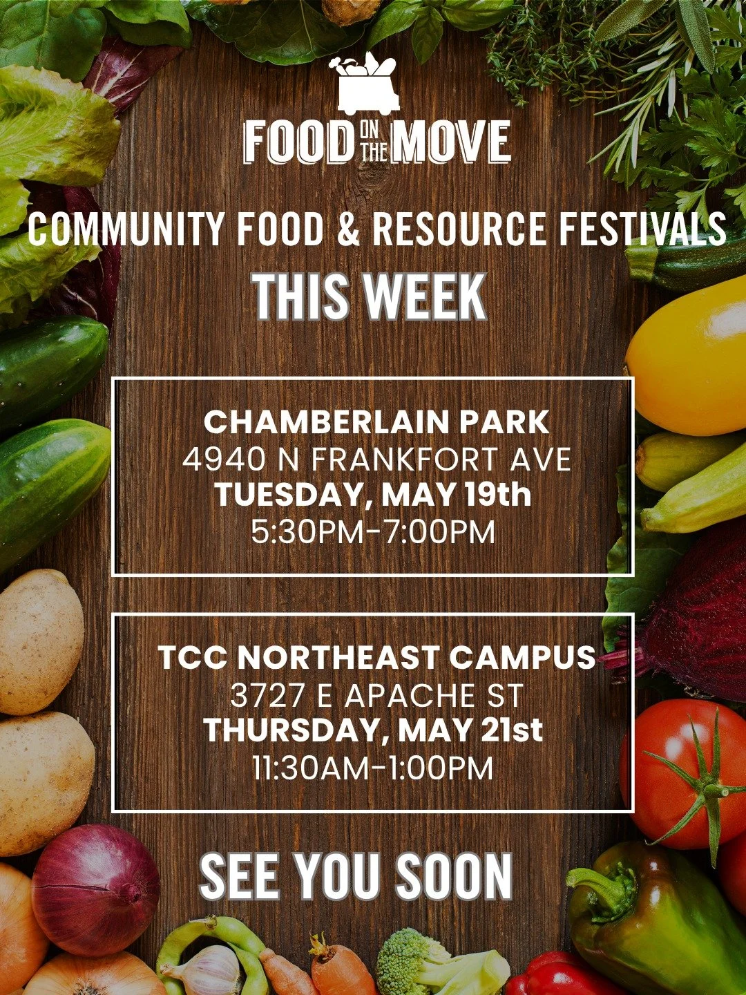 We&rsquo;re back again TONIGHT 5/19 at Chamberlain Park from 5:30 PM &ndash; 7:00 PM and THIS THURSDAY 5/21 at TCC from 11:30 AM &ndash; 1:00 PM!

Join us for:
🥬 Free Groceries
🌮 Hot Meals
🤝 Community Resources
🎵 Local DJ

Everyone is welcome! Co
