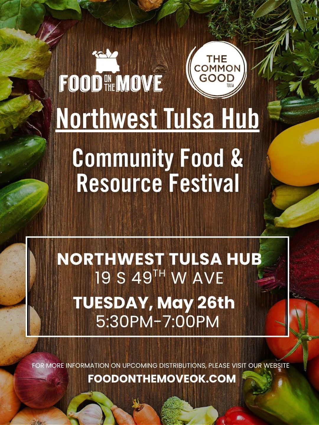We will be at the NW Hub TONIGHT at 5:30 pm with our friends @commongoodtulsa 

Join us 5:30 pm - 7:00 pm for free groceries, hot meals, good music, and additional resources from all of our local partners! 

Bring your friends, family, and neighbors.