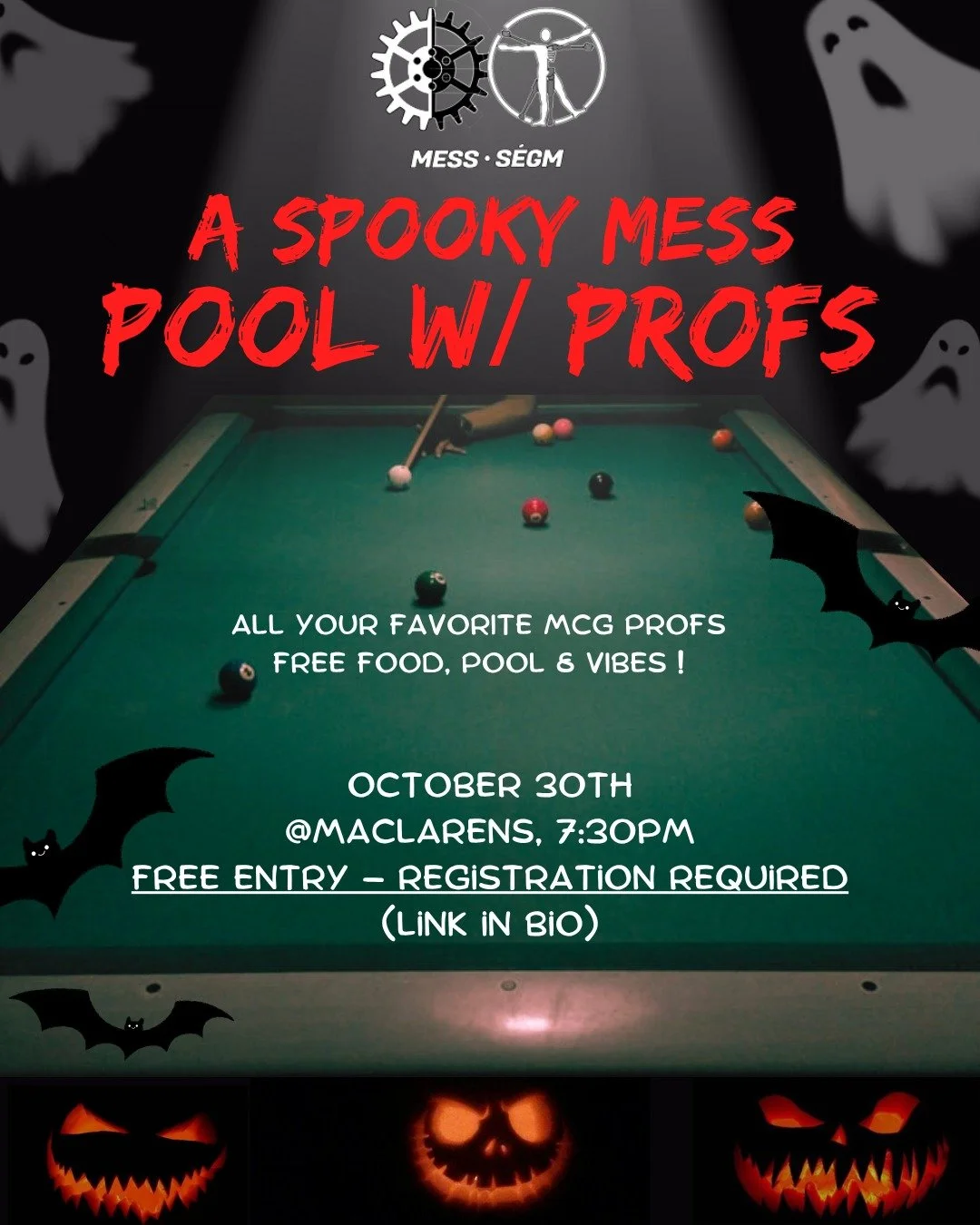 Did you guess it right? 👀
The Spooky MESS event is finally here! 👻🎱
We&rsquo;re bringing you Pool w/ Profs, the ultimate chill (and slightly haunted) night out before Halloween!
Come hang out, show off your best spooky fit, and enjoy a night of fo