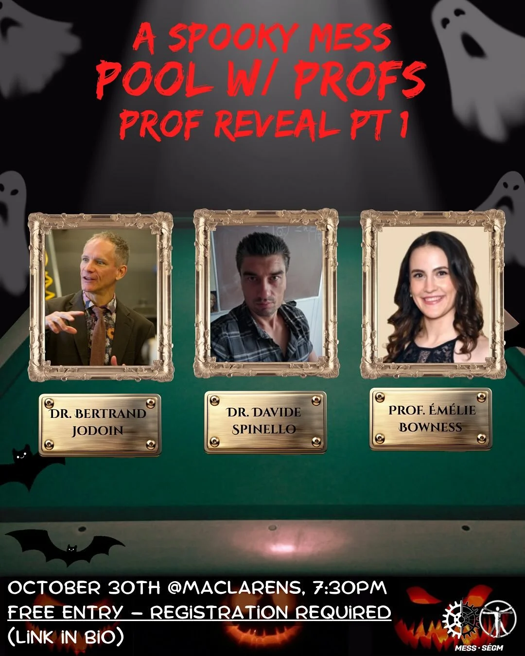 Voici trois des profs qui participeront &agrave; votre Soir&eacute;e Pool S&Eacute;GM Hant&eacute;! 🤩🤩🤩
/
Here are three of the profs attending your Spooky MESS Pool Night! 🤩🤩🤩