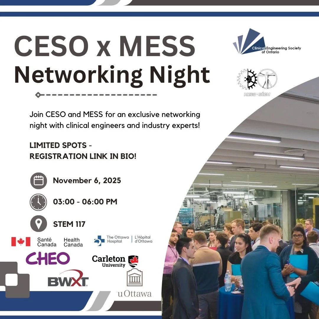 Engineers from CHEO and BWXT are now joining use for the CESO x MESS Networking Night that is coming up in 2 days!!🎓✨
Join us on November 6th, 3:00&ndash;6:00 PM in STEM 117 to network with clinical engineers and industry professionals from Health C