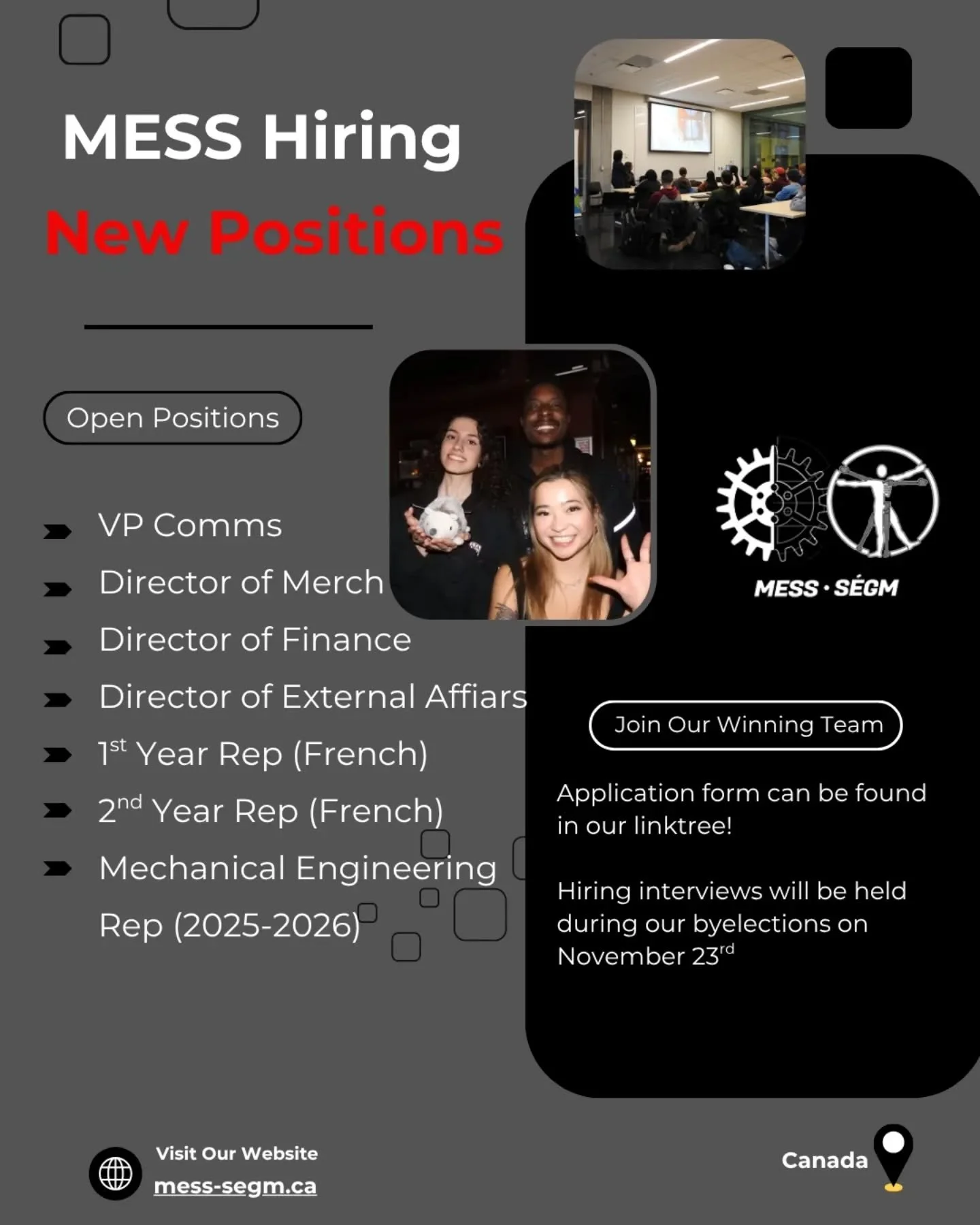 🚨Calling all MCG and BME students🚨
Want to make a difference in your student community? MESS is hiring! Take on a leadership role and contribute to the Mechanical Engineering Student Society. 

---

🚨App&egrave;l &agrave; tous les &eacute;tudiants