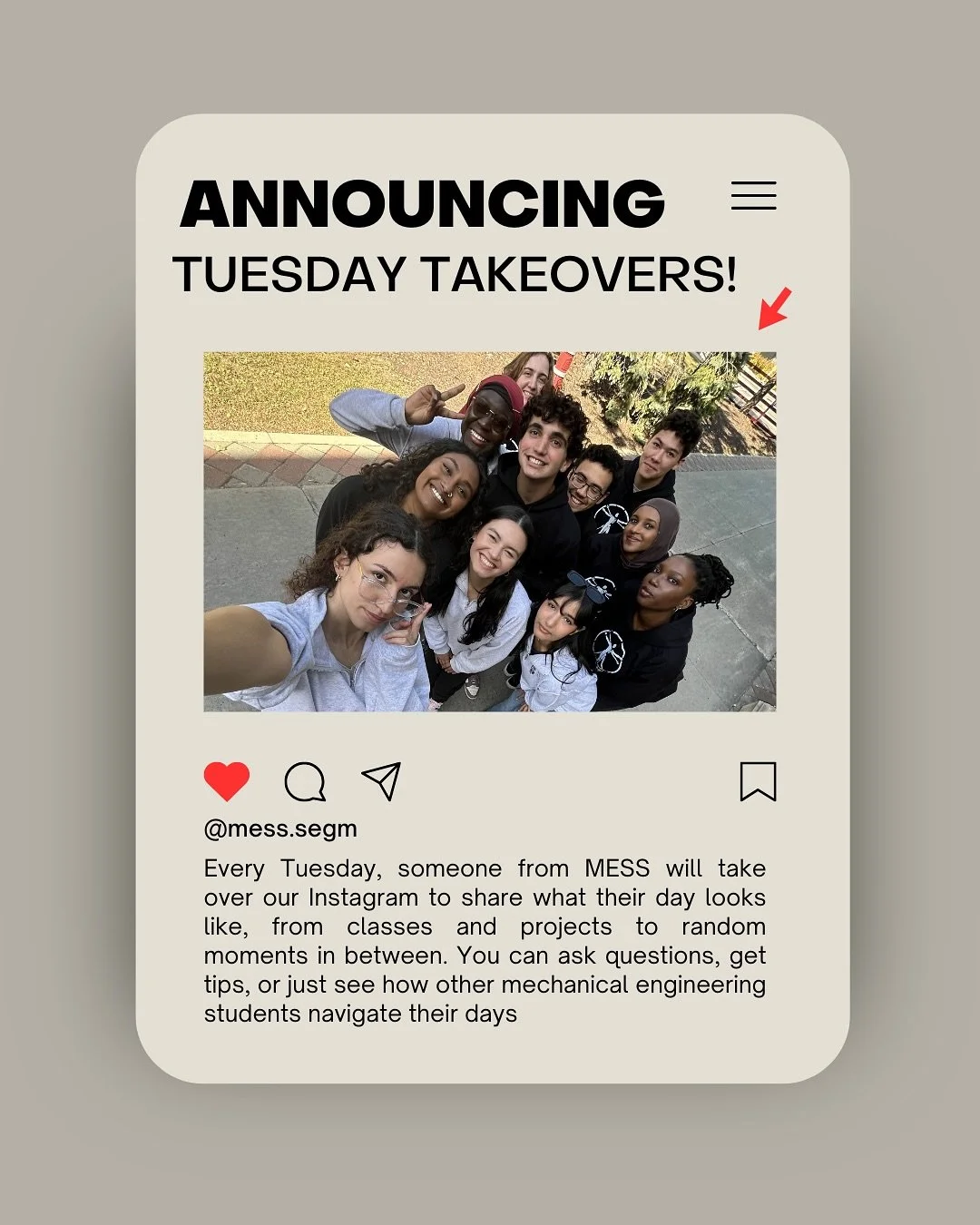 Every Tuesday, a MESS member takes over our Instagram to share a glimpse into life as a mechanical engineering student, from classes and projects to everyday moments

Chaque mardi, un membre du S&Eacute;GM prend le contr&ocirc;le de notre compte Inst