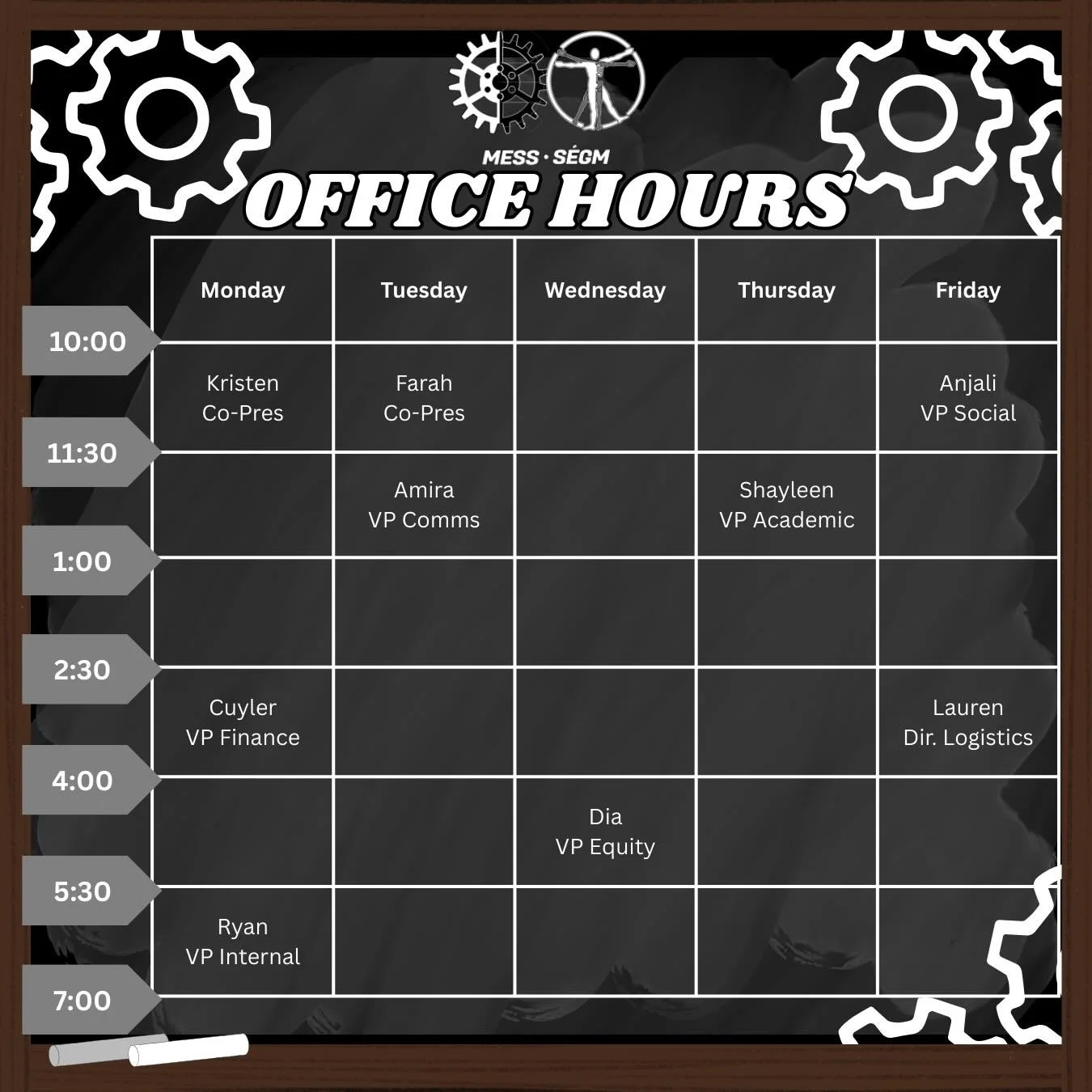 Office Hours start today, January 19th! Come visit CBY C02 with our MESS execs for a variety of services, which you can check out in our office highlight ⚙️

Les heures de bureau commencent aujourd&rsquo;hui, le 19 janvier! Venez rendre visite &agrav