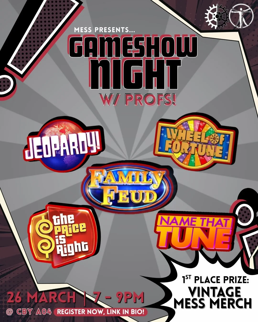 Here&rsquo;s a rundown of the activities you can expect to find at MESS Gameshow Night w Profs TOMORROW 🎡👀 Compete in these family favourites for a chance to win vintage merch! 🤑

Sign up now! It&rsquo;s free 😛

TAG 5 FRIENDS FOR A CHANCE TO WIN 
