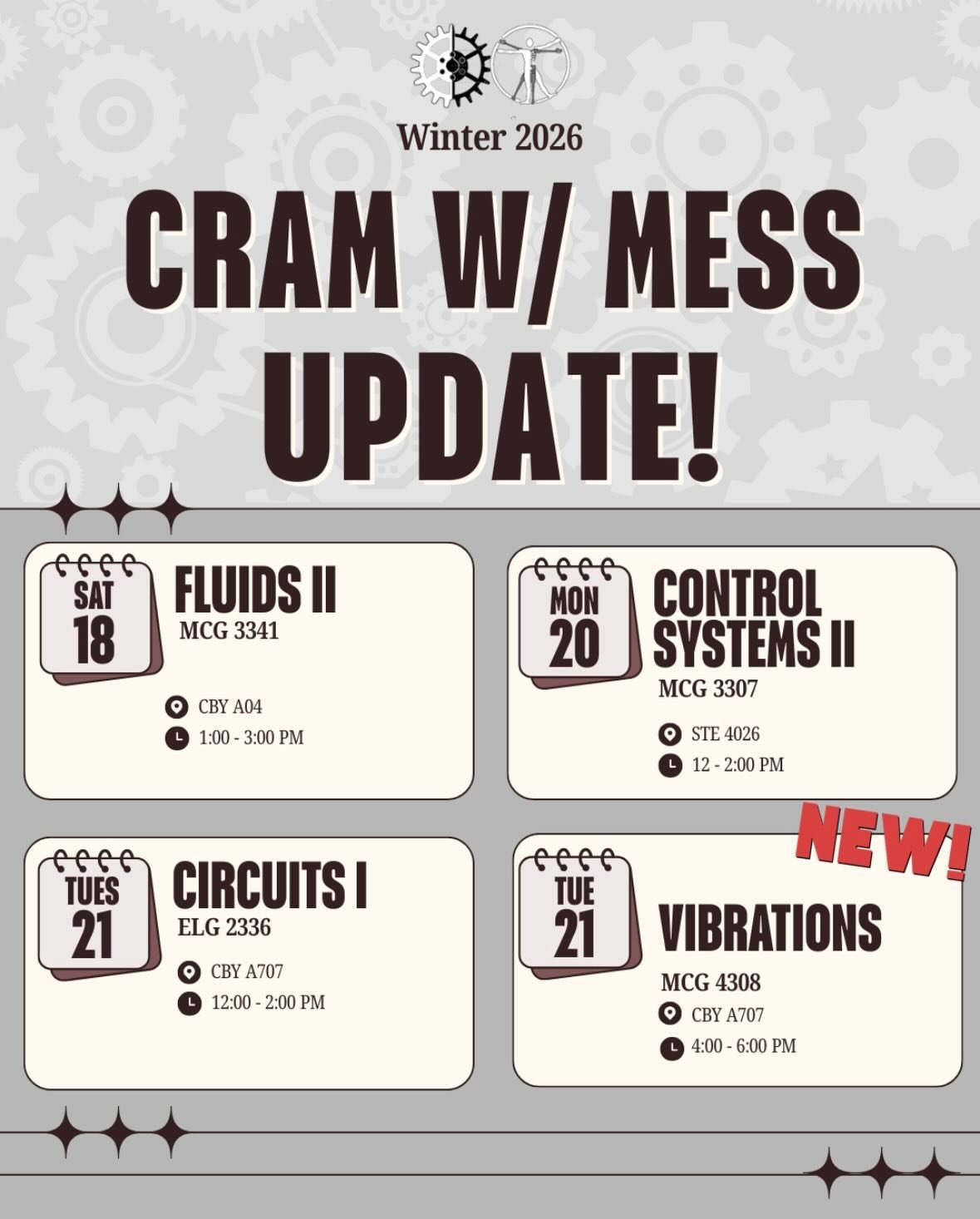 Come cram w/ MESS!! ⚙️🔥
UPDATED schedule* + NEW session just dropped! 📣
Pull up to our drop-in cram sessions this finals season for hands-on help, last-minute review, and all the guidance you need from our mentors. Don&rsquo;t miss out!!

*Please n