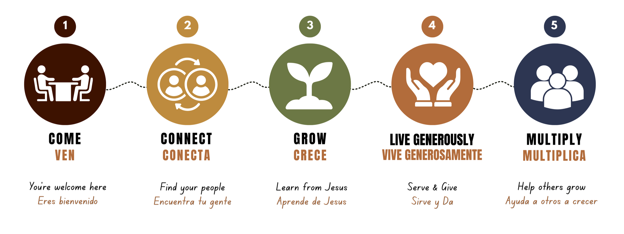 A five-step visual process infographic with icons and captions: Step 1 is a person sitting at a table with the caption 'Come' and 'Ven'; Step 2 shows two people connecting with arrows between them, with the captions 'Connect' and 'Conecta'; Step 3 has a sprouting plant icon with the captions 'Grow' and 'Crece'; Step 4 displays hands holding a heart with the captions 'Live Generously' and 'Vive Generosamente'; Step 5 shows a group of people with the captions 'Multiply' and 'Multiplica'. Additional descriptions include: 'You're welcome here' / 'Eres bienvenido', 'Find your people' / 'Encuentra tu gente', 'Learn from Jesus' / 'Aprende de Jesus', 'Serve & Give' / 'Sirve y Da', 'Help others grow' / 'Ayuda a otros a crecer'.