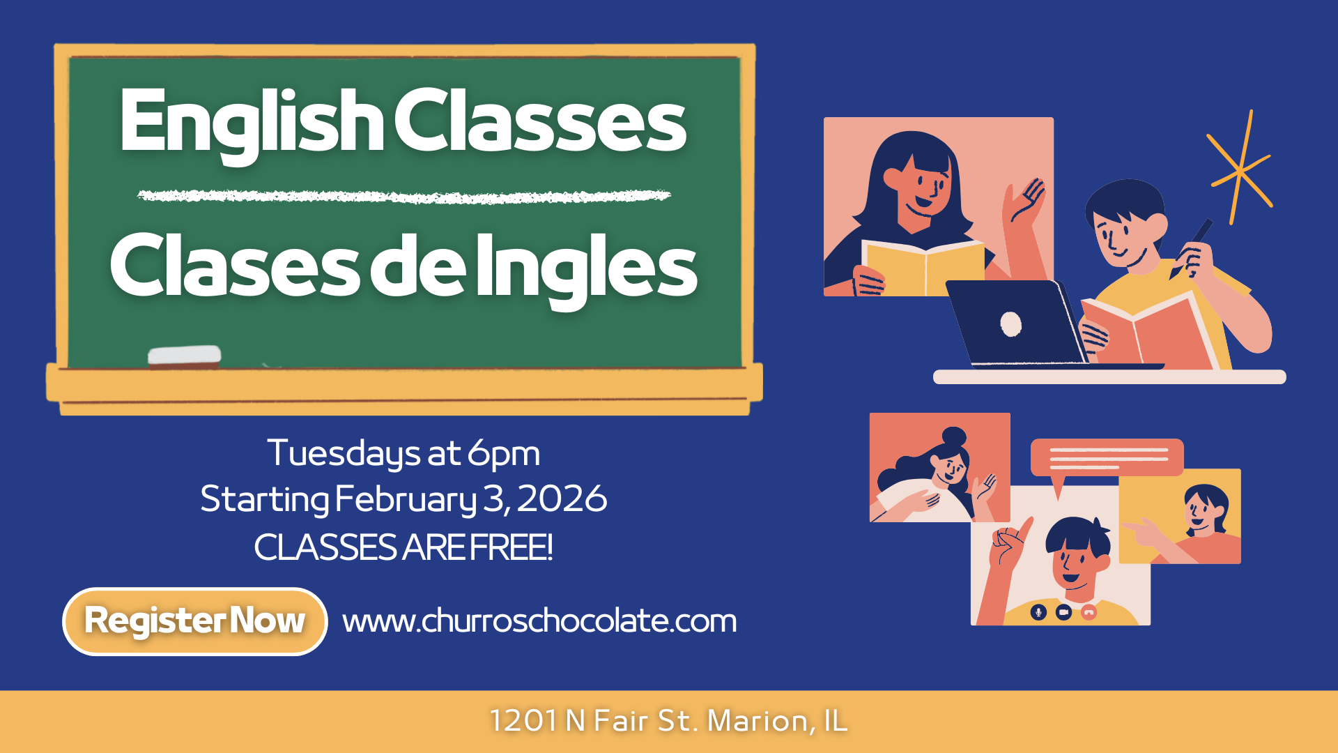 Announcement for free English classes starting February 3, 2026, every Tuesday at 6 pm, with colorful illustrations of kids participating virtually in online learning. Includes registration button and website www.churoschocolate.com at 1201 N Fair St., Marion, IL.