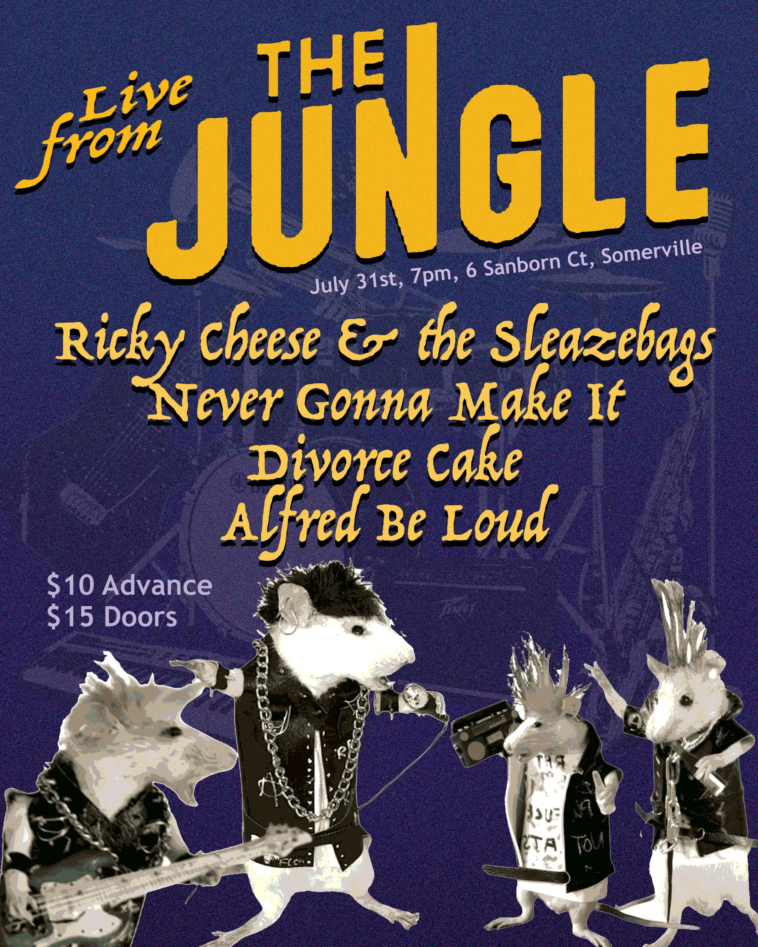 Mark yo calendarz for next Friday ‼️ We&rsquo;ll be playing at @thejunglecmc at 7pm on July 31st, alongside @divorcecakema @alfredbeloud @ngmiofficial !!! See you there 🧀🎸🕺🪩

$10 Advance, link in bio
$15 Doors

6 Sanborn Ct, Somerville MA

#band 
