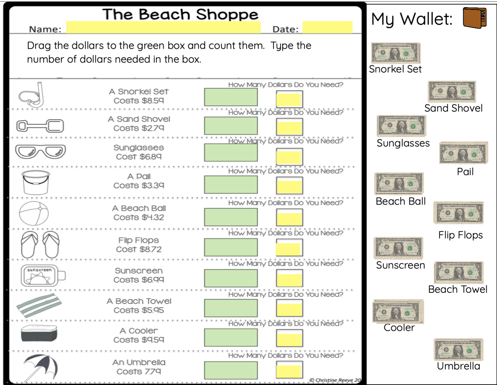 This worksheet demonstrates the snap feature.  Dollar bills “snap” into the correct spot and are not able to be moved.