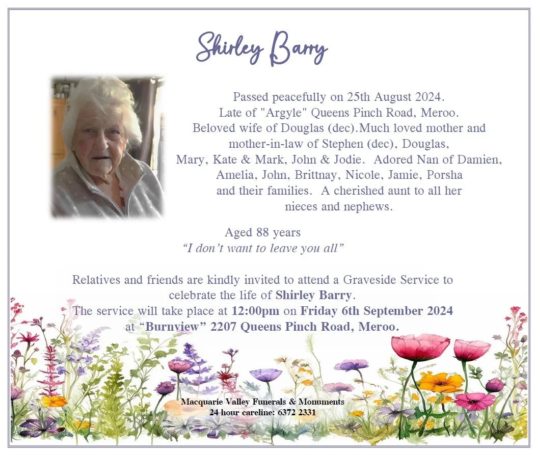 Funeral Notices — Macquarie Valley Funerals & Monuments