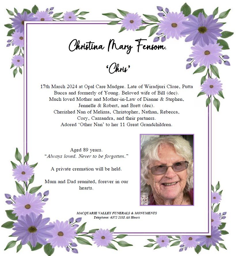 Funeral Notices — Macquarie Valley Funerals & Monuments