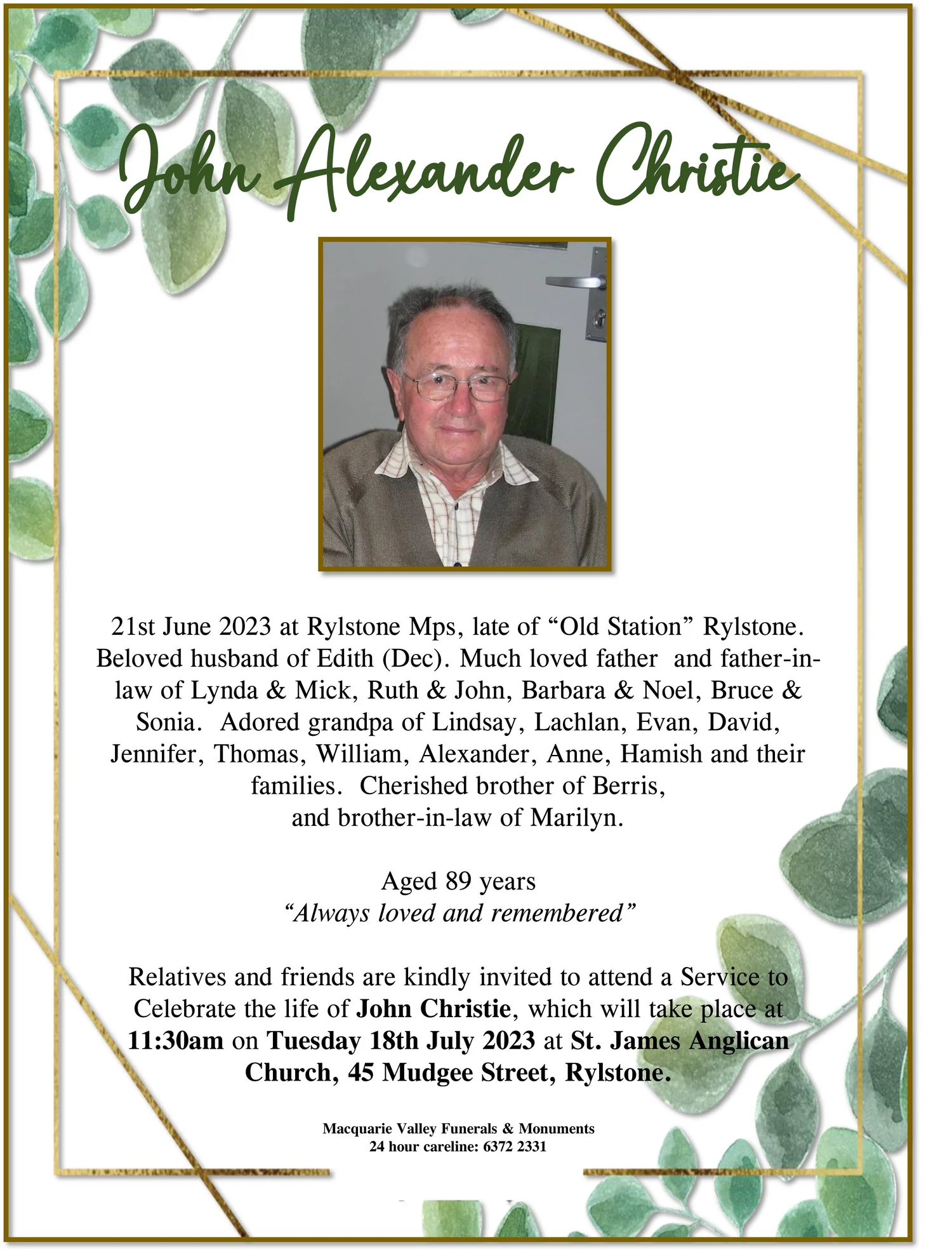 Funeral Notices — Macquarie Valley Funerals & Monuments